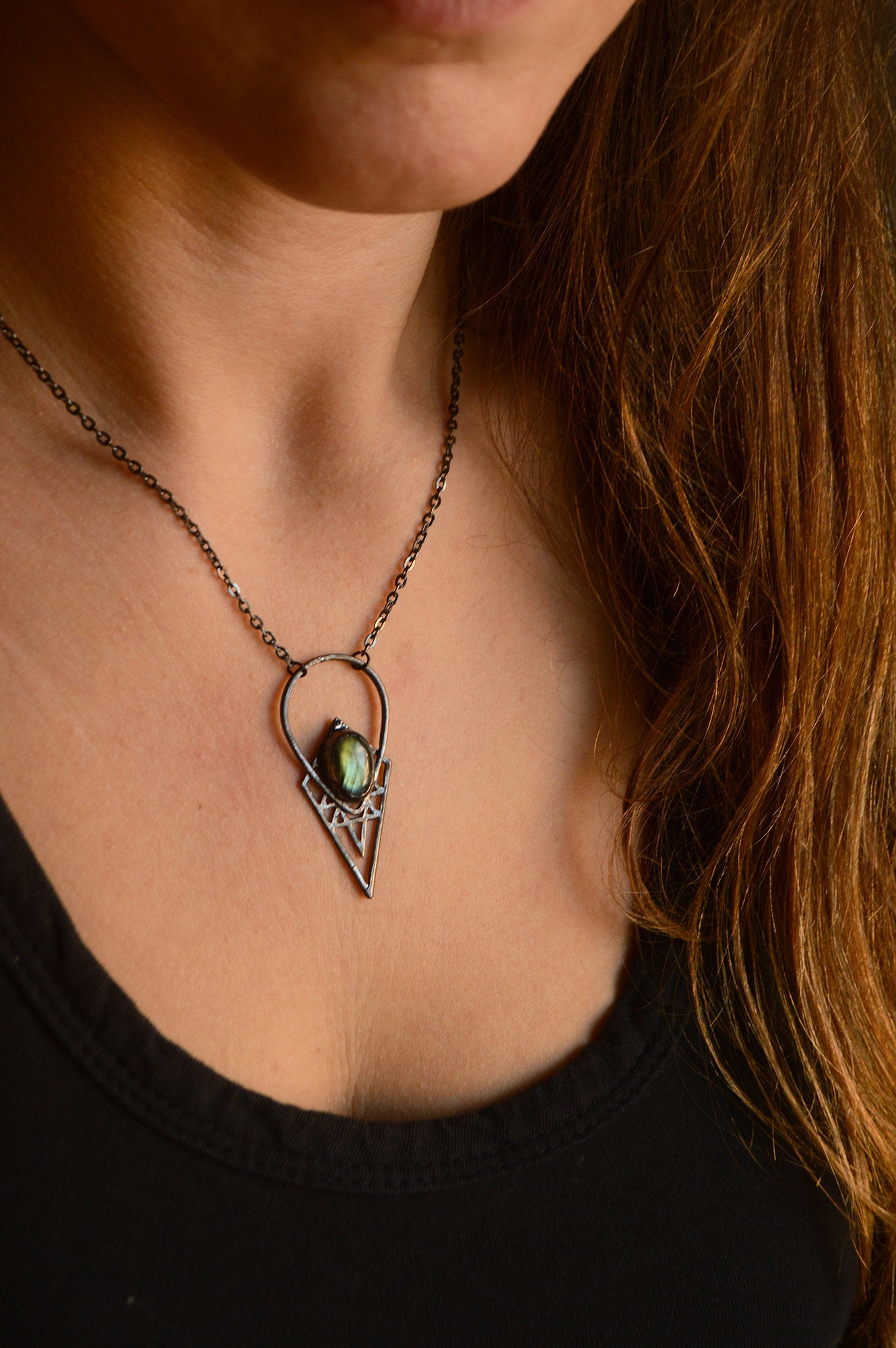 Black copper labradorite geometric necklace.  Witchy magic amulet jewellery. Layering, everyday dark style