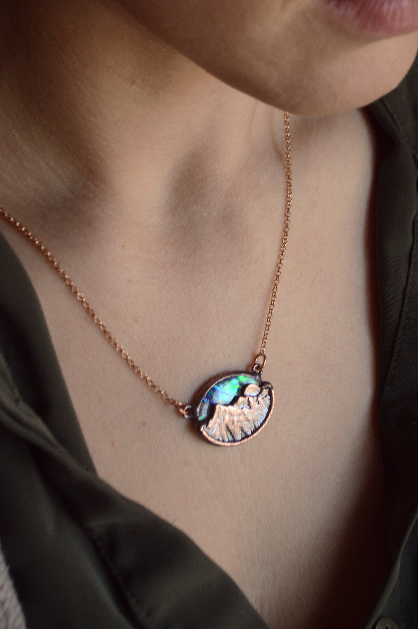 Northern lights copper necklace. Dainty miniature dreamy landscape. Rustic abalone healing jewellery