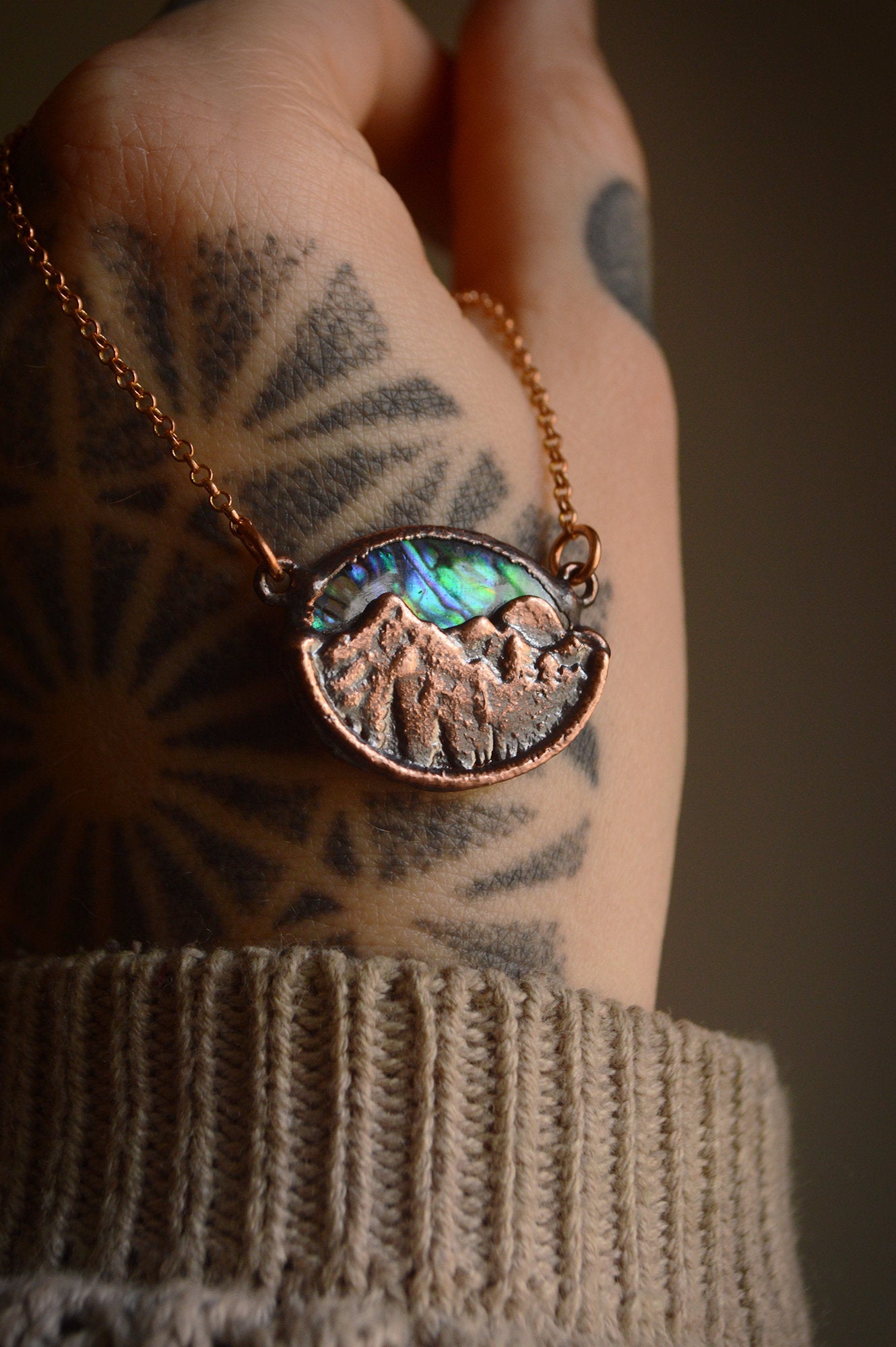 Northern lights copper necklace. Dainty miniature dreamy landscape. Rustic abalone healing jewellery