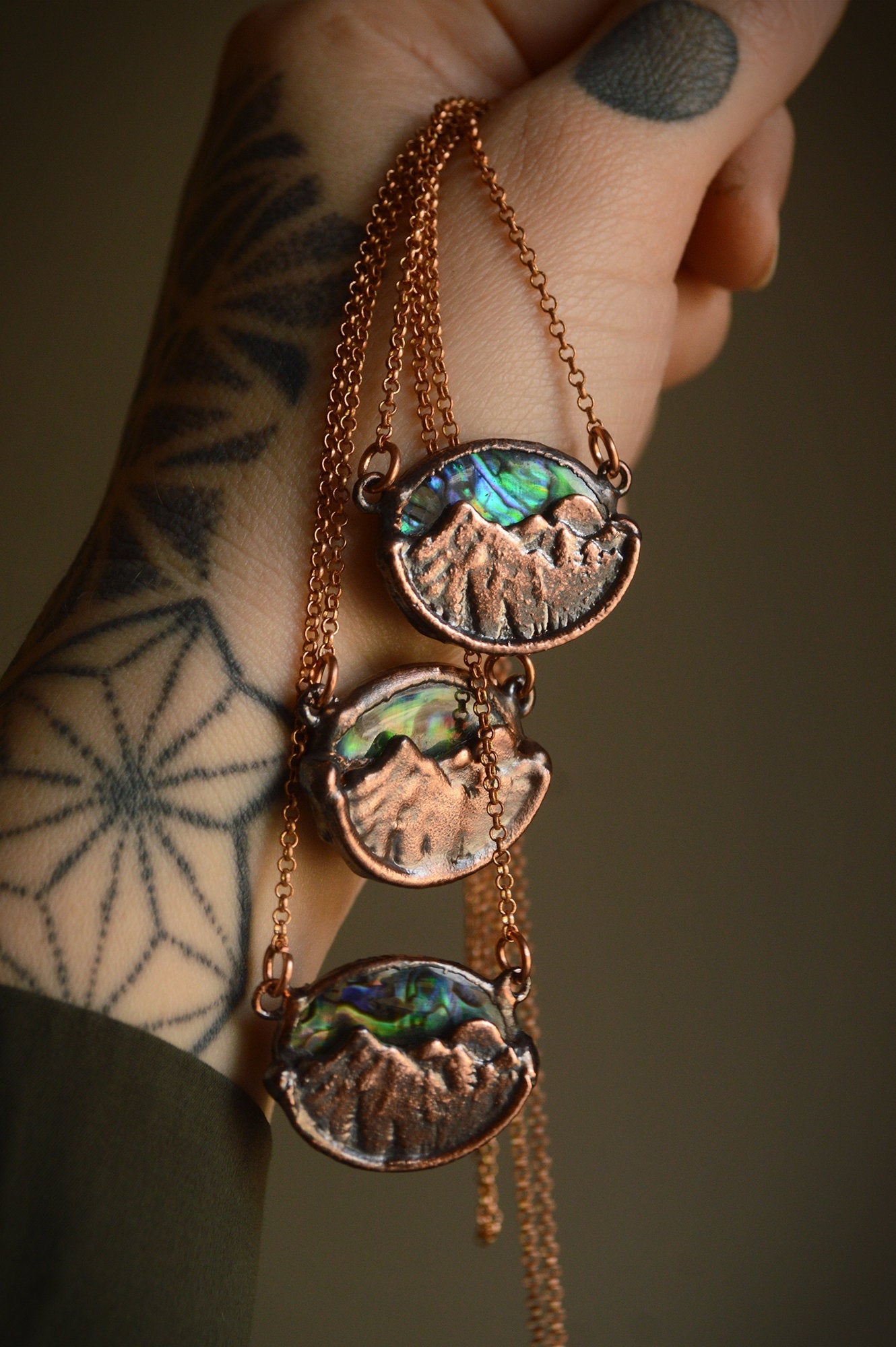 Northern lights copper necklace. Dainty miniature dreamy landscape. Rustic abalone healing jewellery