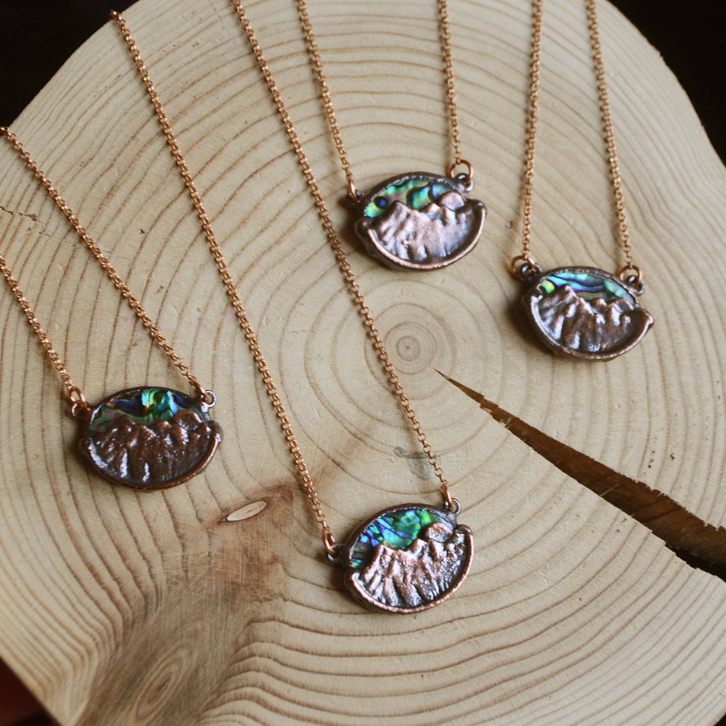 Northern lights copper necklace. Dainty miniature dreamy landscape. Rustic abalone healing jewellery