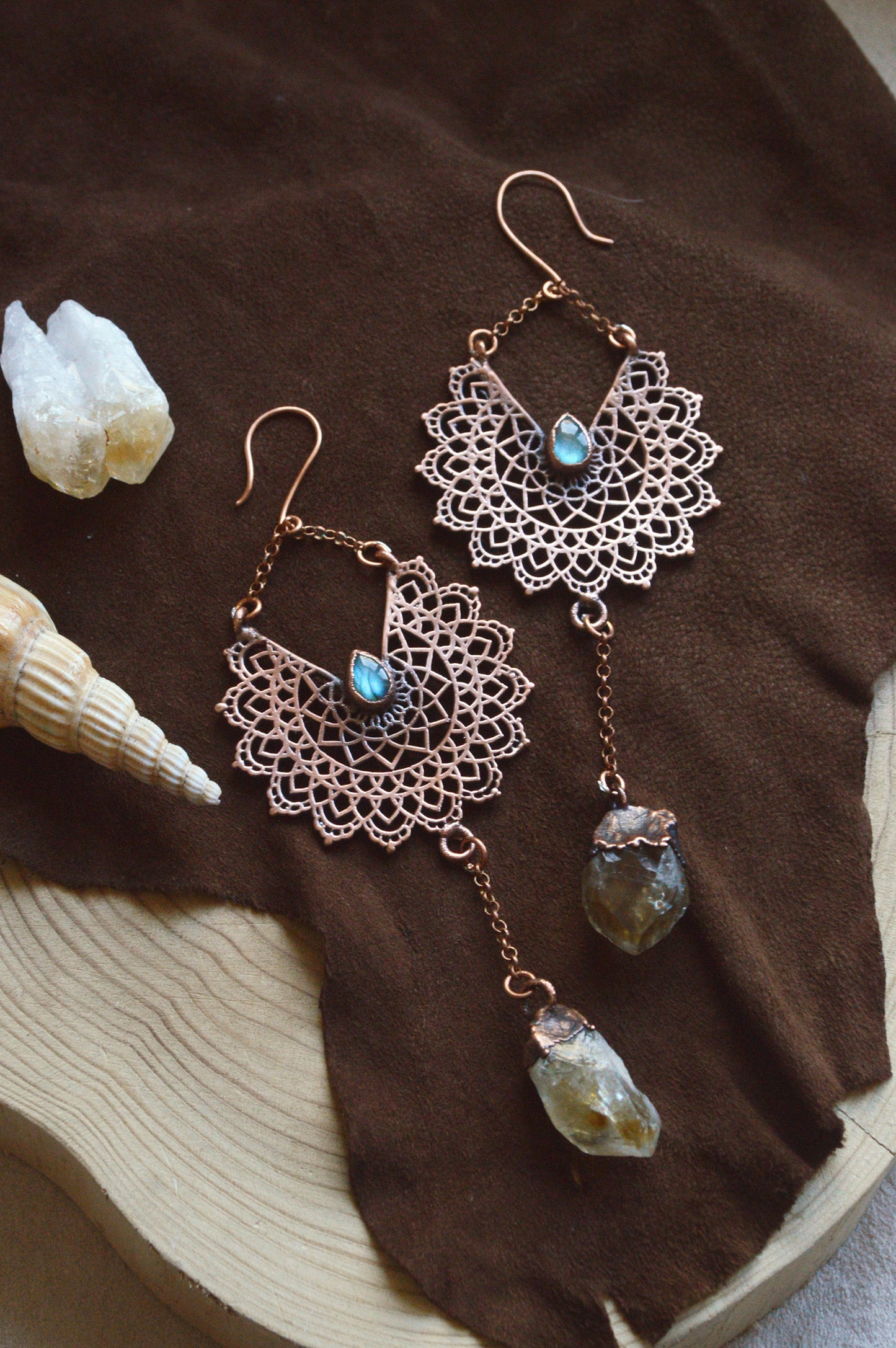 Extra long dangling earrings or ear weights with citrine and labradorite. Copper stretched lobes jewellery