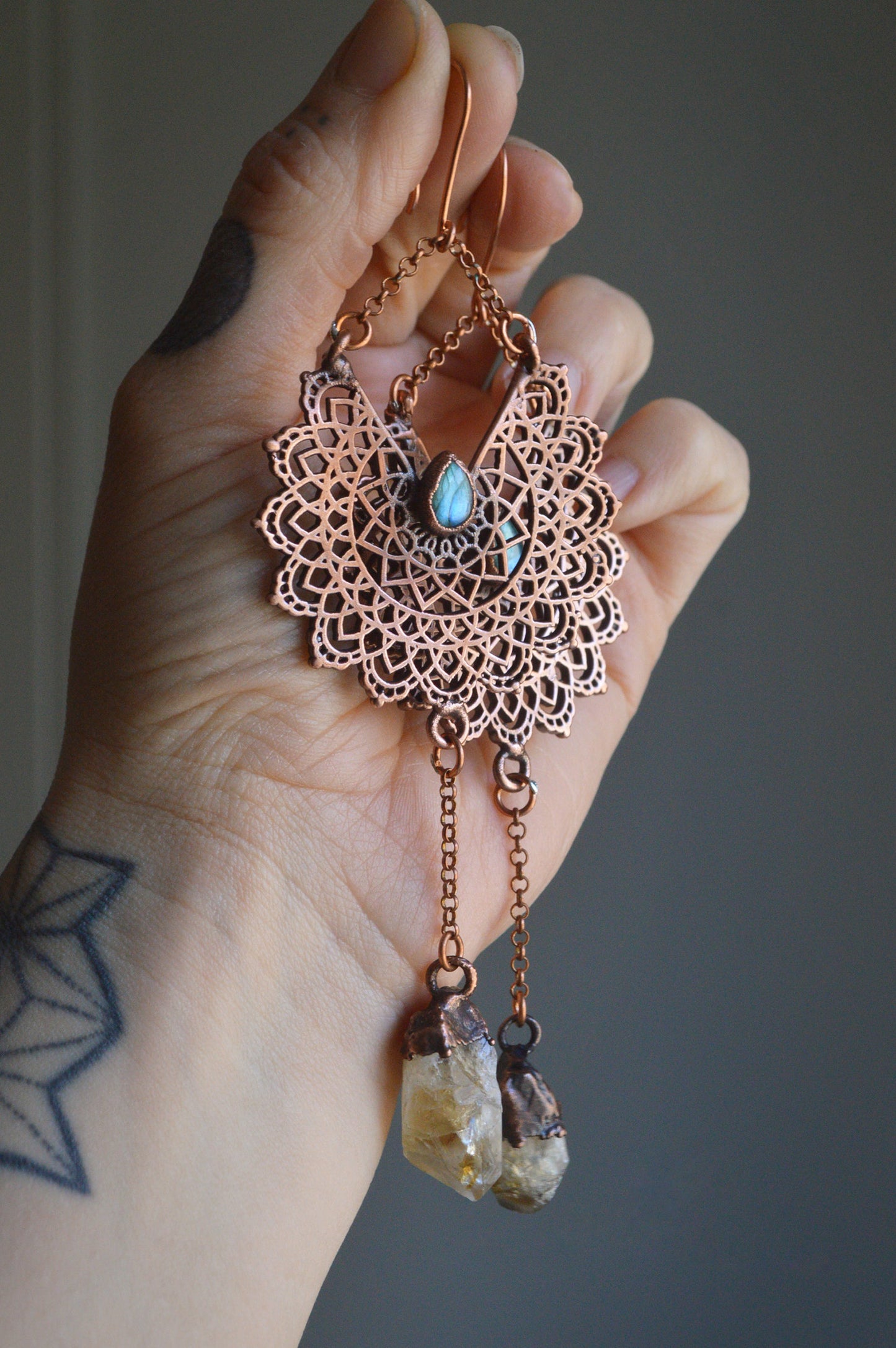 Extra long dangling earrings or ear weights with citrine and labradorite. Copper stretched lobes jewellery