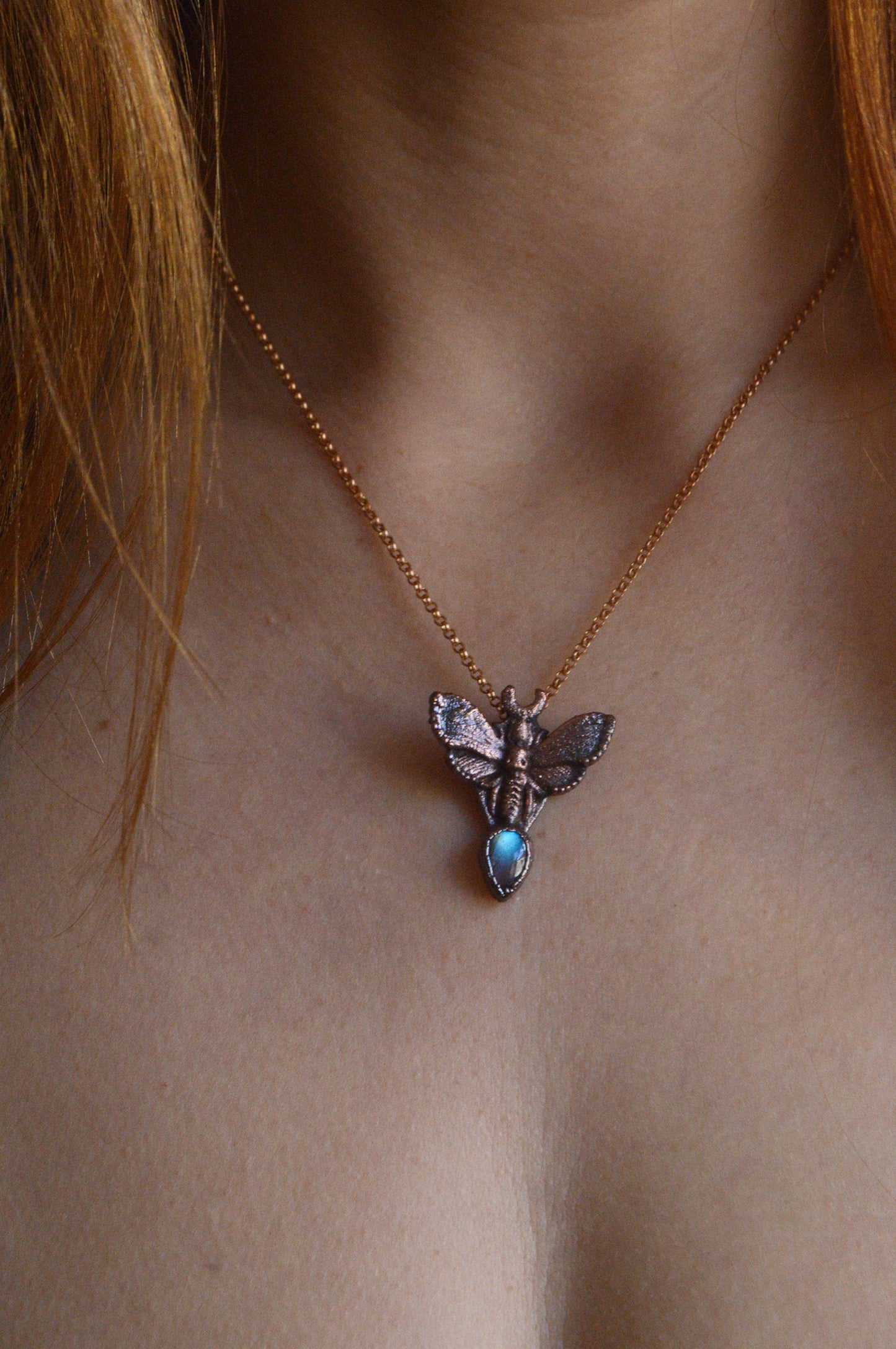 Dainty moth copper necklace with flashy labradorite stone. Witchy boho magic jewellery