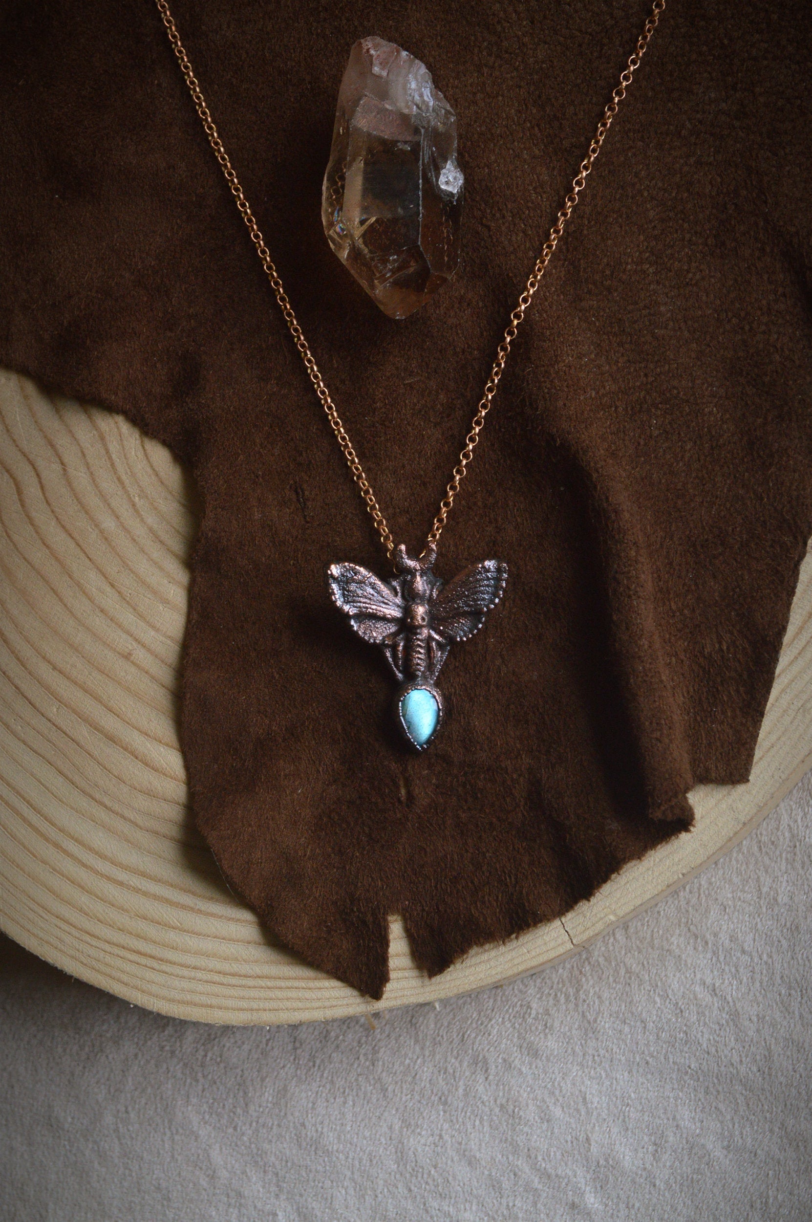 Dainty moth copper necklace with flashy labradorite stone. Witchy boho magic jewellery
