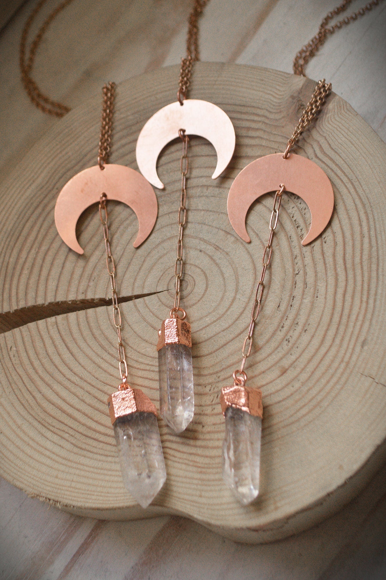 Pure copper necklace with crackle quartz point. Raw crystal long chain boho electroformed necklace