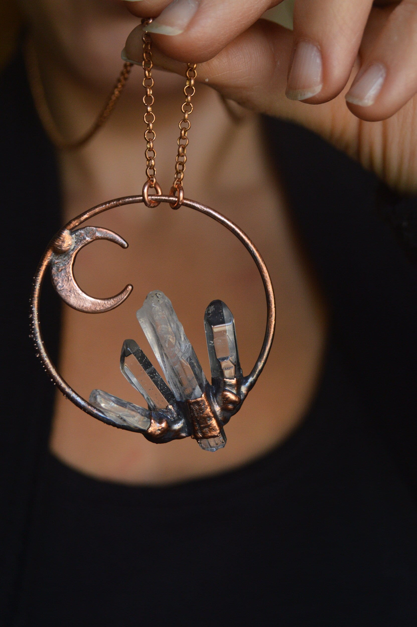 Copper crystal garden with quartz and crescent moon. Dreamy whimsical jewellery