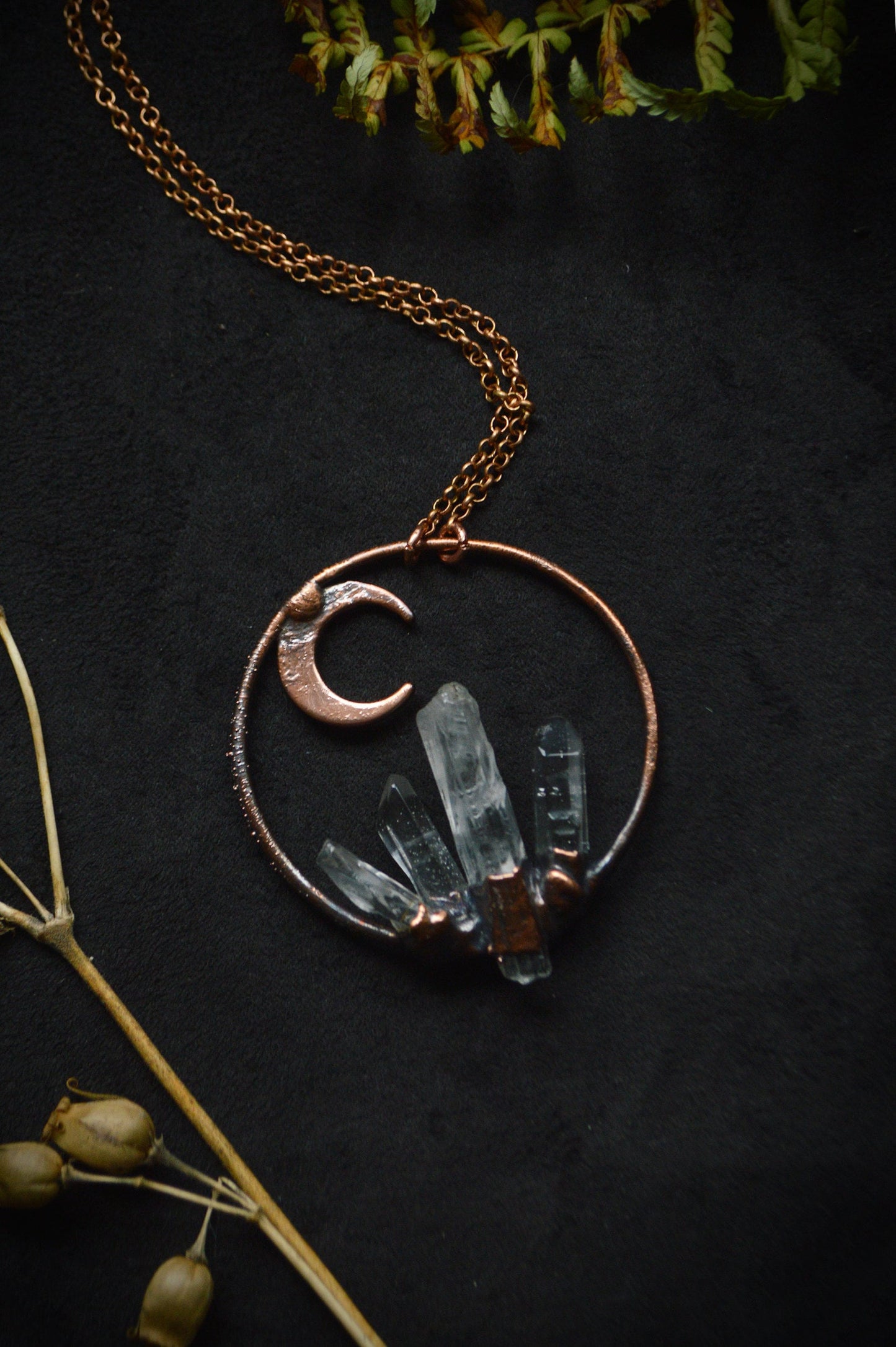 Copper crystal garden with quartz and crescent moon. Dreamy whimsical jewellery