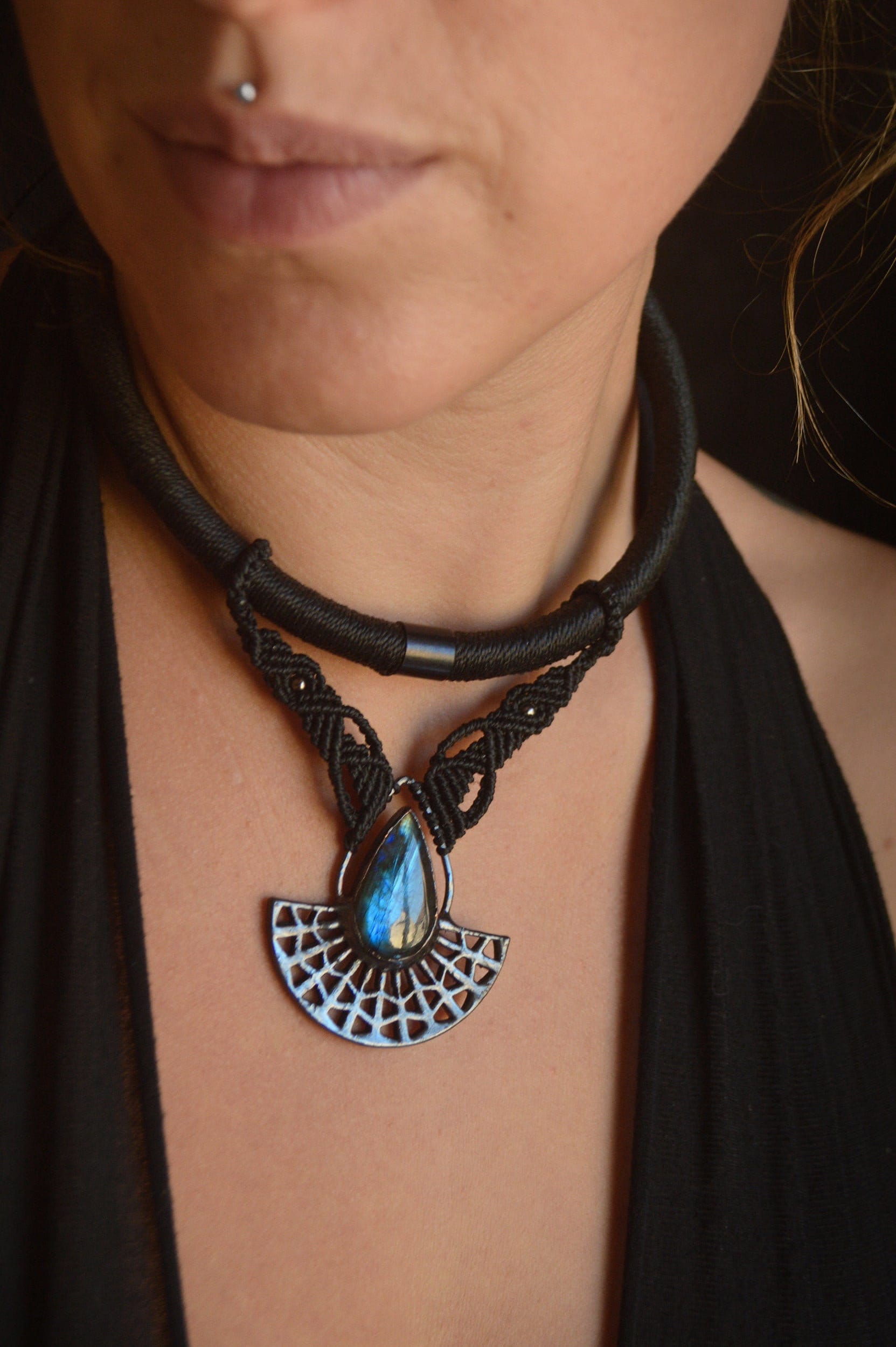 A *new moon collection* Total black labradorite electroformed pendant on macrame torque necklace