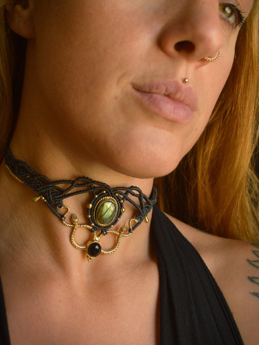 Statement snake choker or tiara with labradorite and black onyx. Boho, tribal, witchy jewellery
