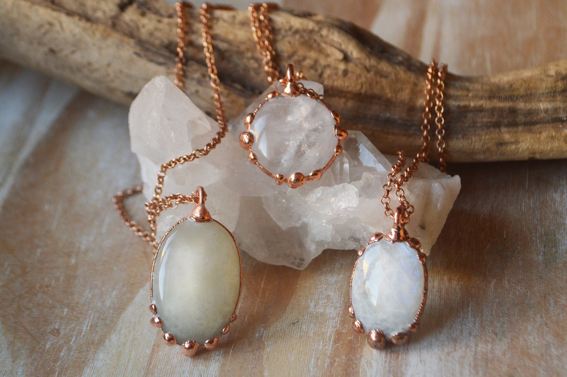 Element collection *AIR* Moonstone, quartz crystal, white labradorite talisman pendant. Understated simple boho jewellery