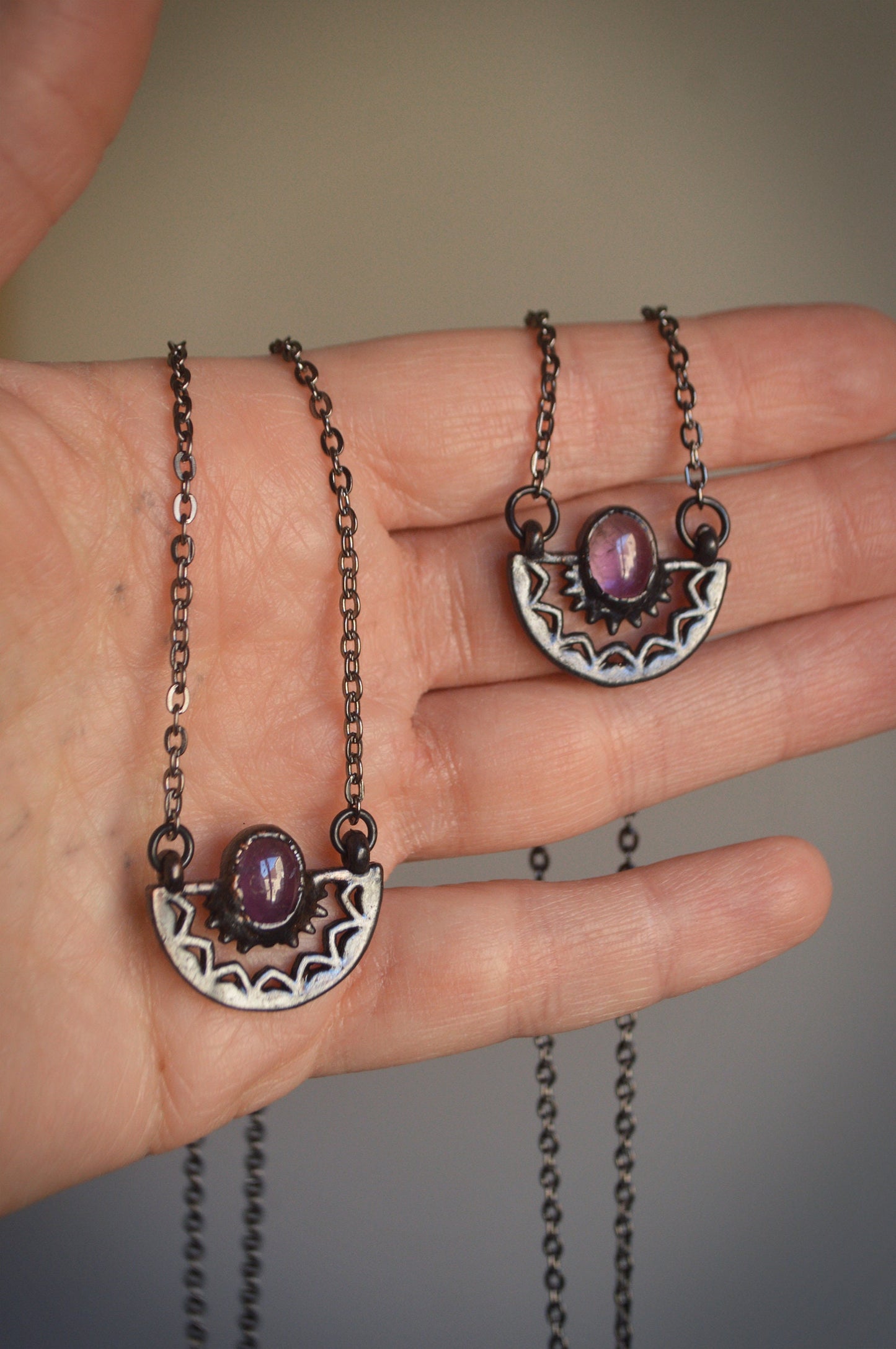 Dainty amethyst black necklace. Copper electroformed gemstone jewellery, gunmetal finish