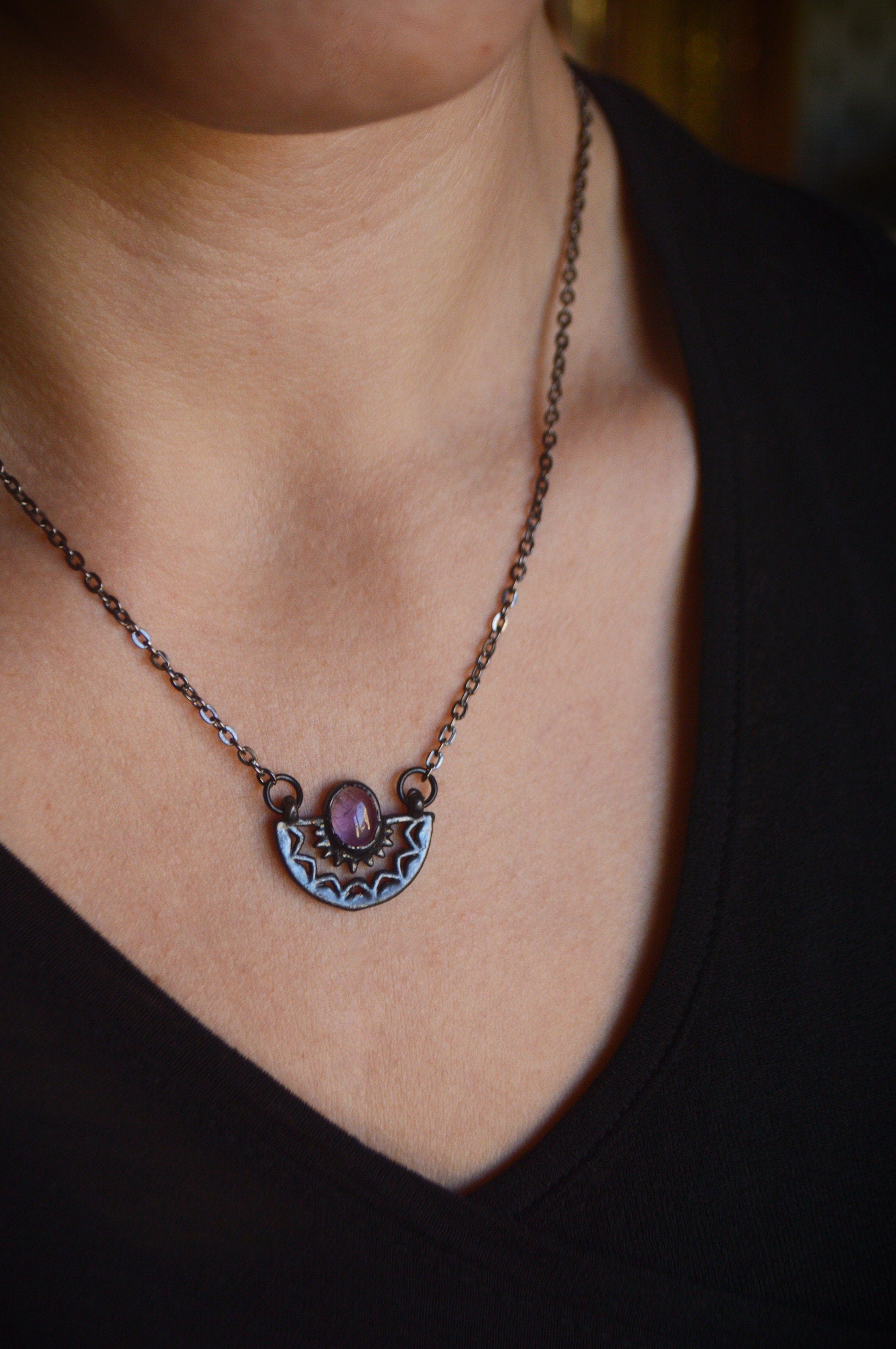 Dainty amethyst black necklace. Copper electroformed gemstone jewellery, gunmetal finish