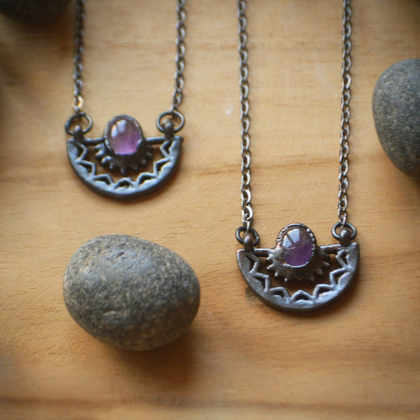 Dainty amethyst black necklace. Copper electroformed gemstone jewellery, gunmetal finish