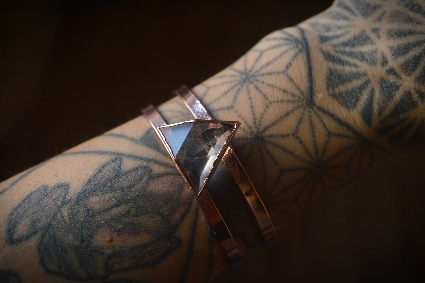 Trifecta shaped quartz pure copper bracelet. Crystal geometric bangle