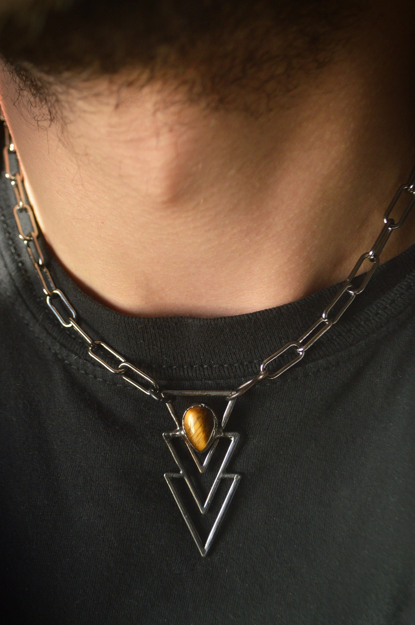 Black tiger eye men's geometric necklace. Hardware gunmetal chain with front clasp
