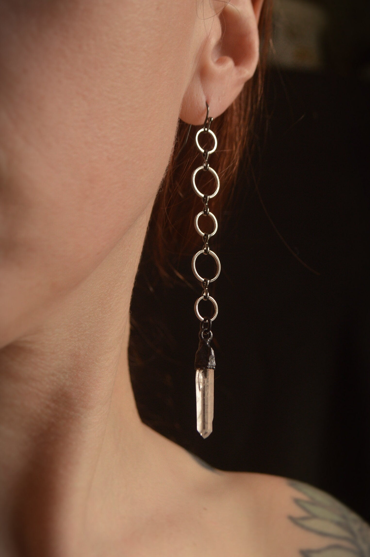 Dangling earrings with quartz points. Extra long earrings. Gunmetal black jewellery