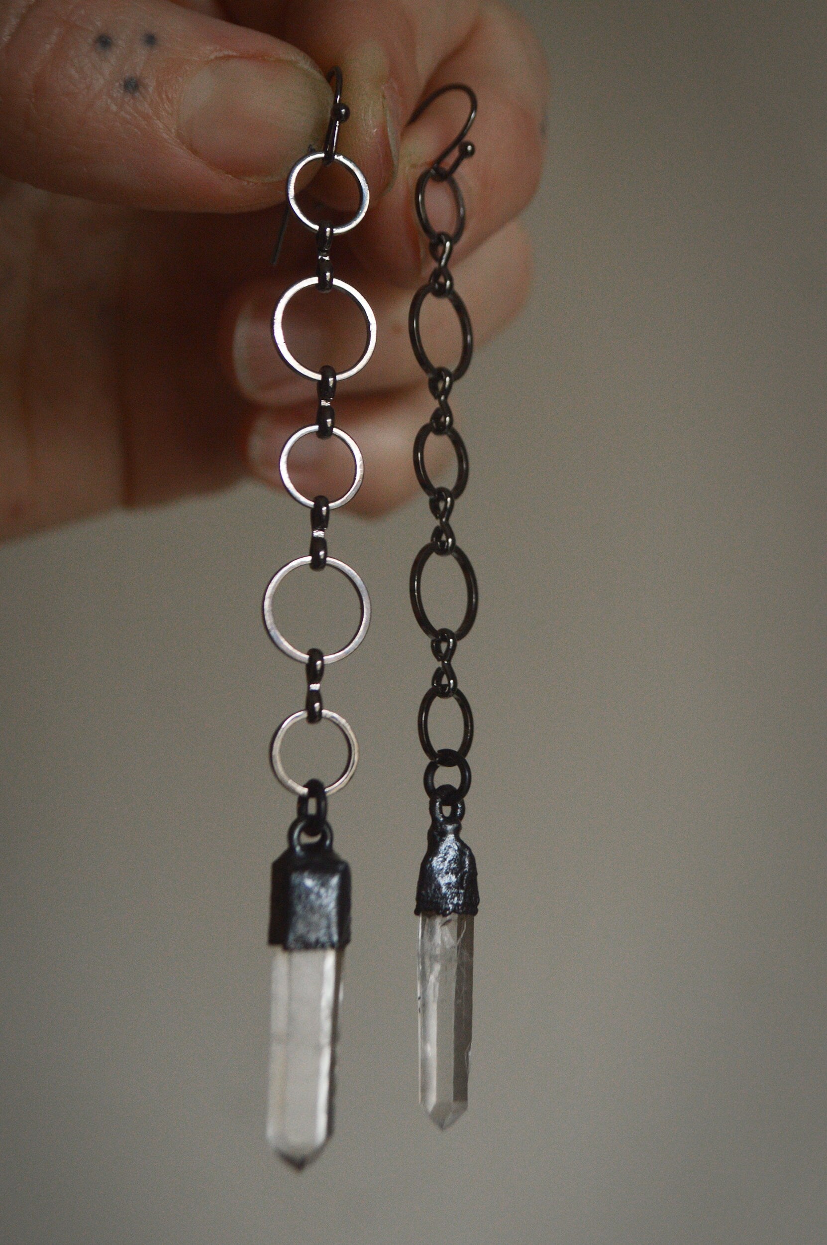 Dangling earrings with quartz points. Extra long earrings. Gunmetal black jewellery