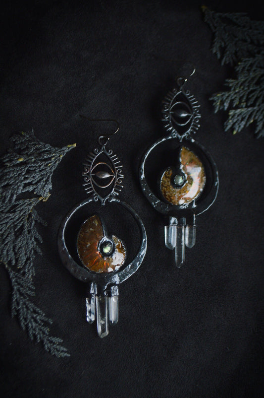 Statement earrings with iridiscent ammonite, labradorite and quartz points. Eye witchy design. Gunmetal black jewellery
