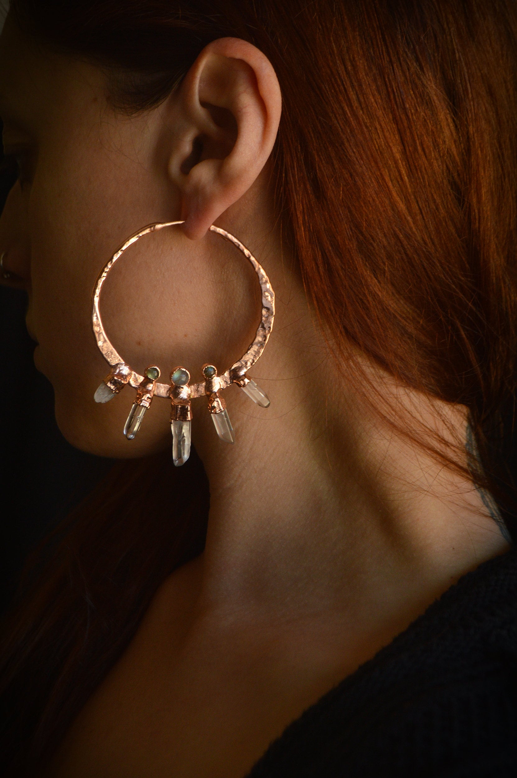 RISE collection - Oversized hammered hoops with quartz points and labradorites. Electroformed rustic jewellery