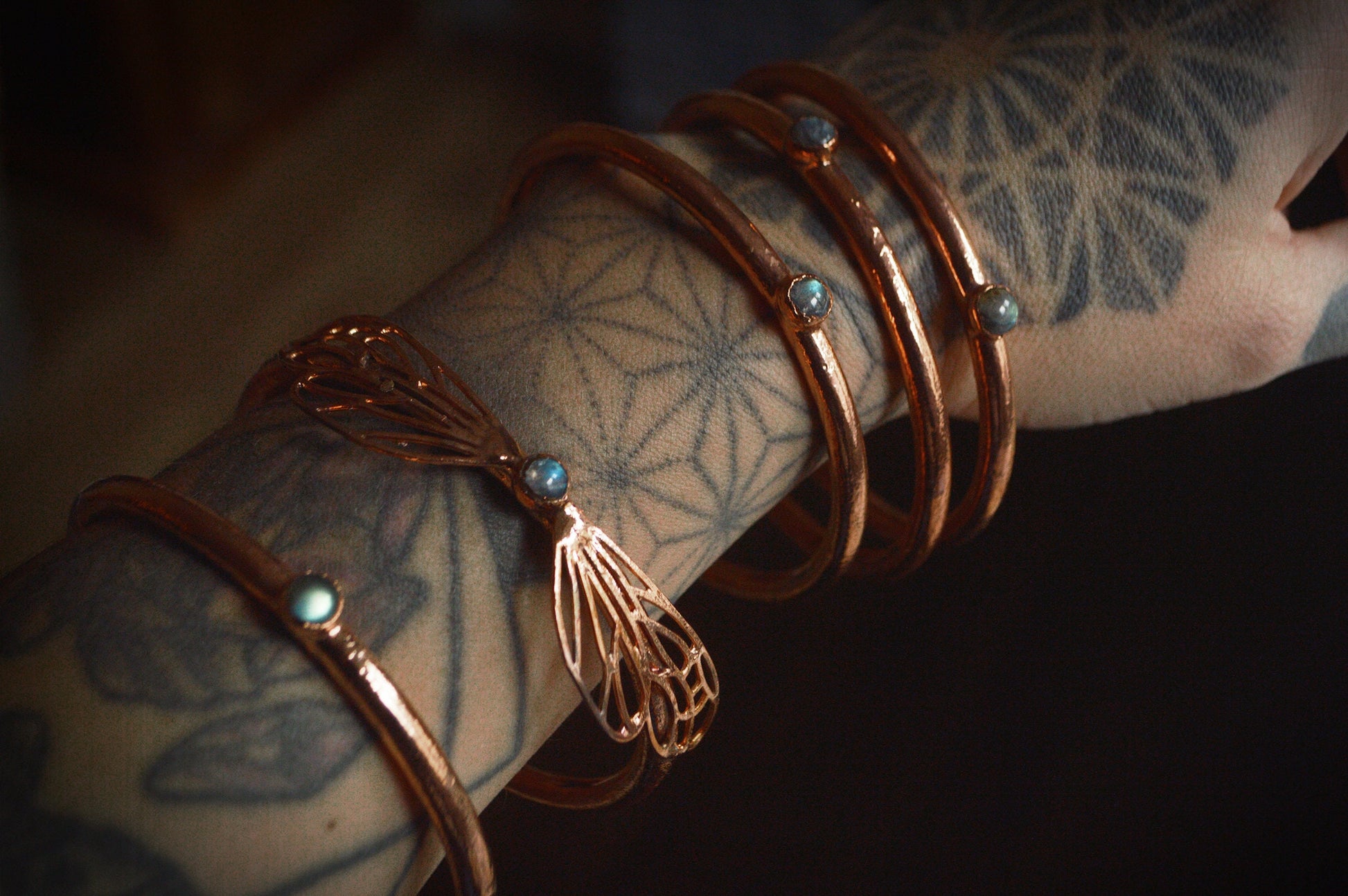 Copper and labradorite stackable bangles, fairy jewellery
