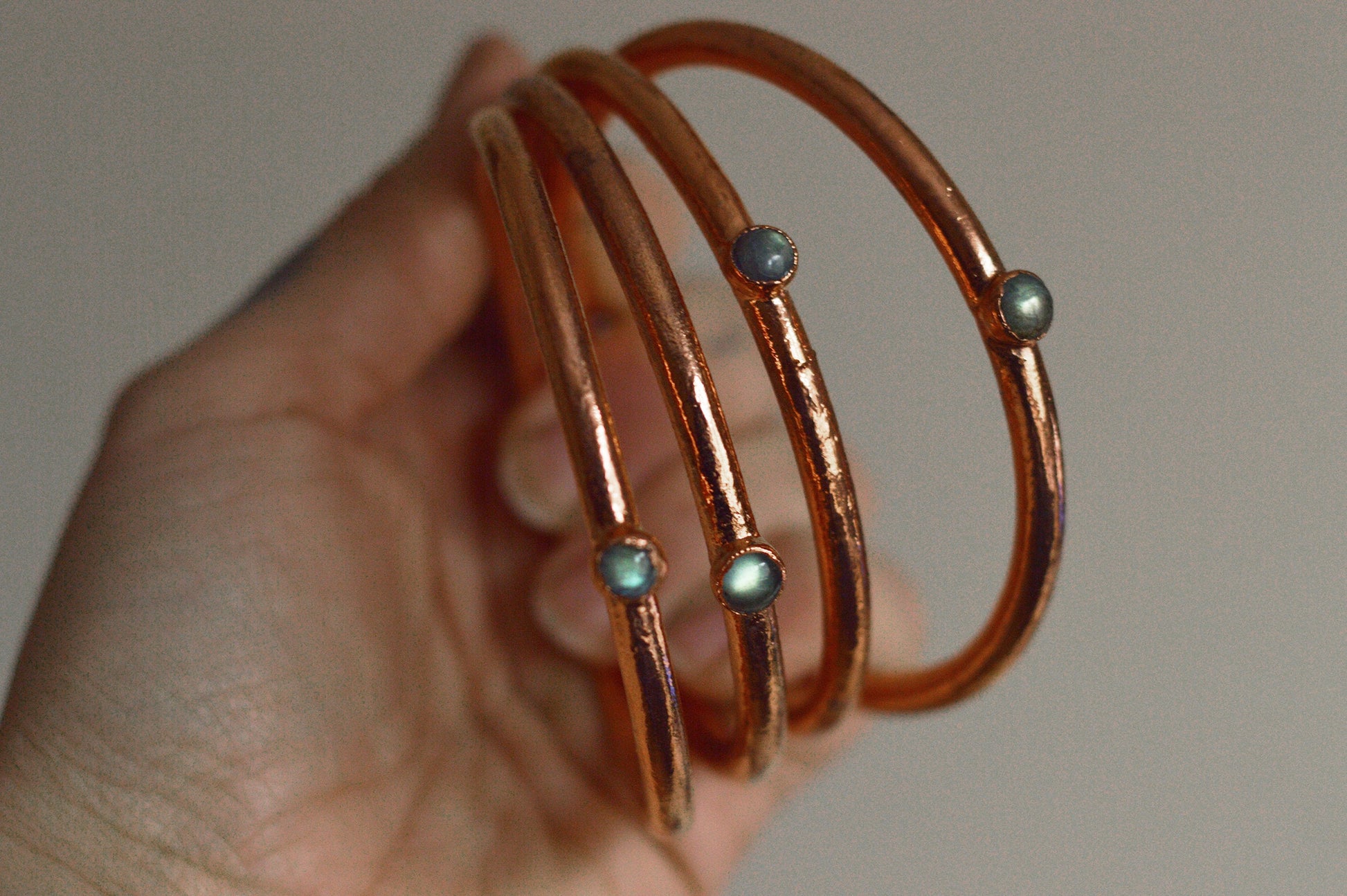 Copper and labradorite stackable bangles, fairy jewellery