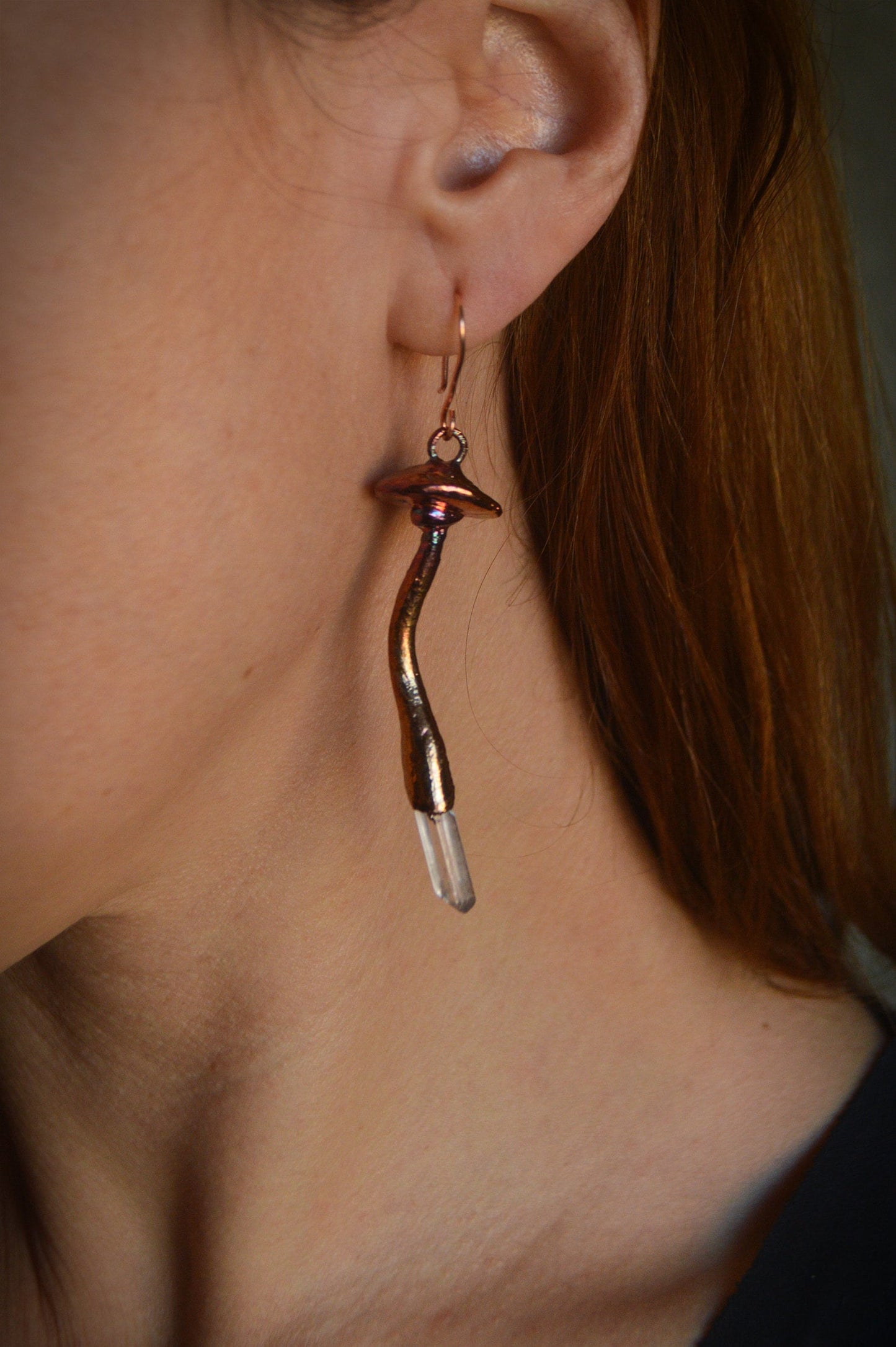 Whimsical mushroom earrings with quartz points. Electroformed cottage-core jewellery