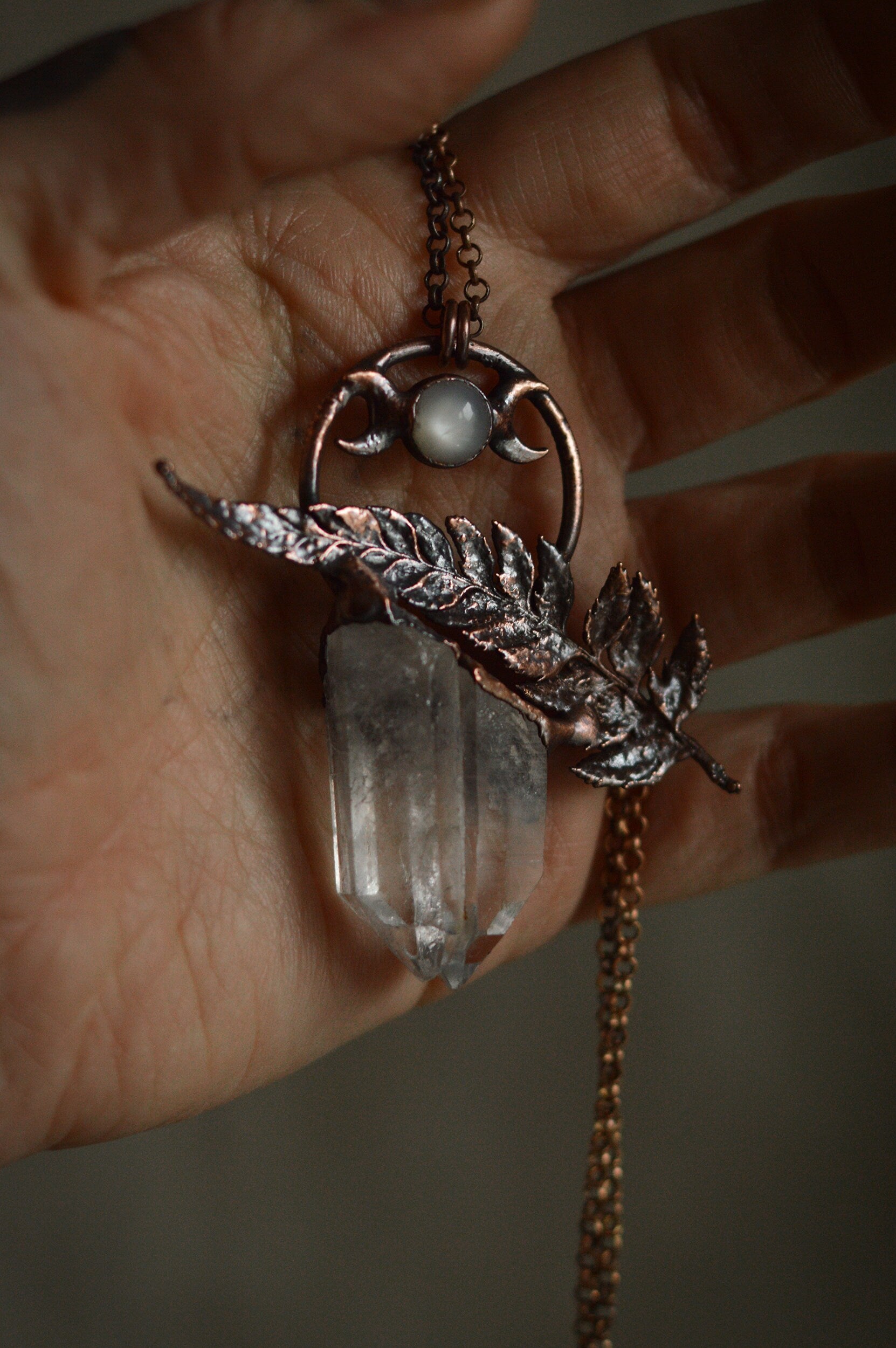 Harvest.3 collection - Real fern leaf necklace with raw quartz and moonstone, triple moon botanical pendant