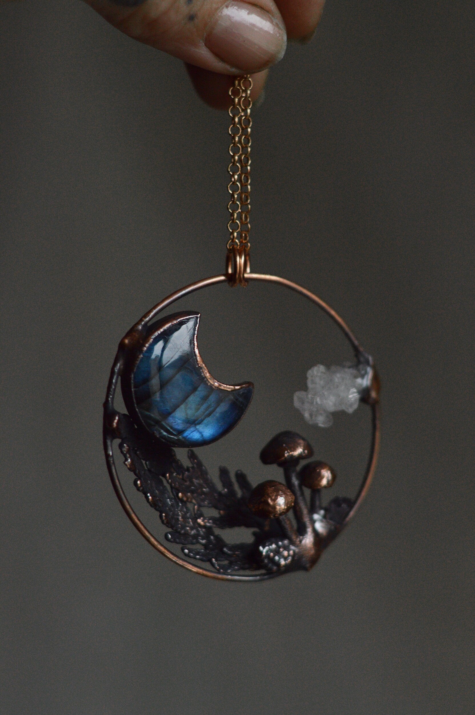 Harvest.3 collection - Real pine leaves copper pendant with mushrooms, labradorite moon and quartz cluster cloud