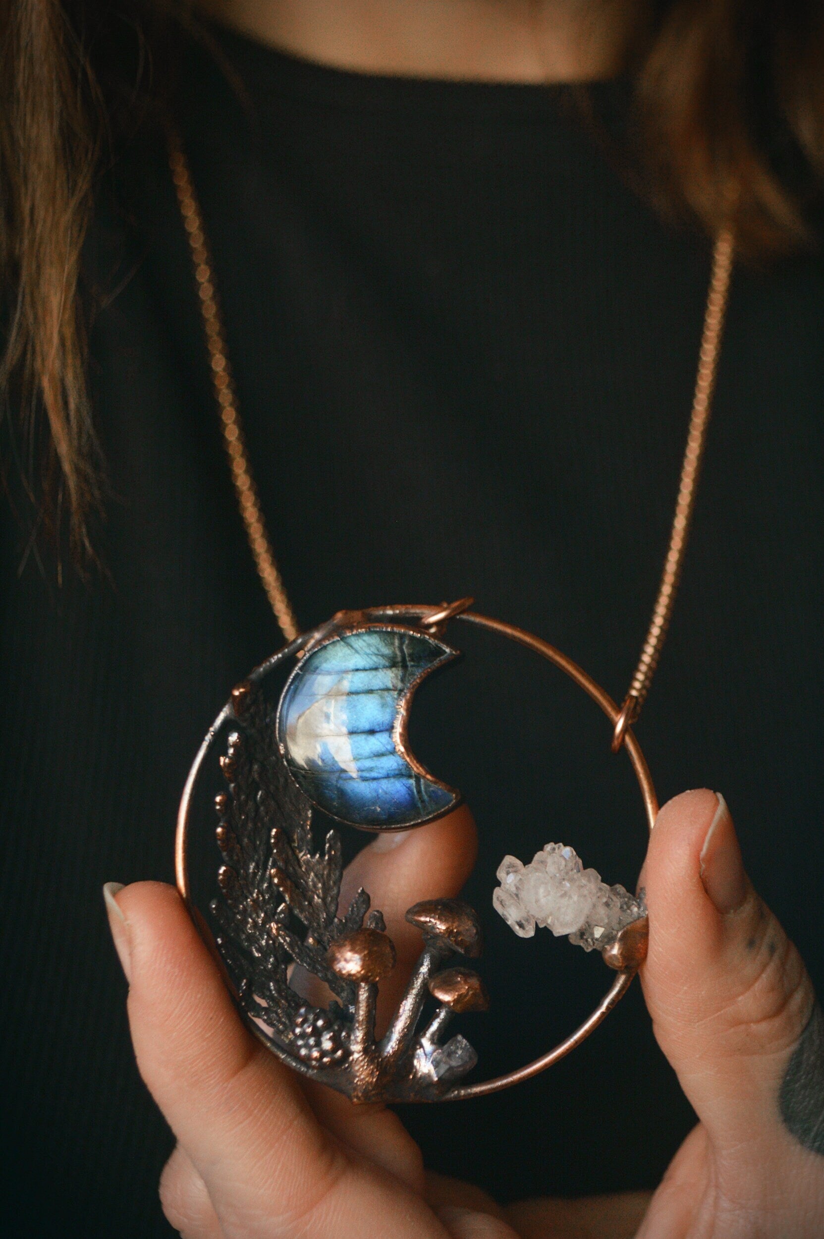 Harvest.3 collection - Real pine leaves copper pendant with mushrooms, labradorite moon and quartz cluster cloud
