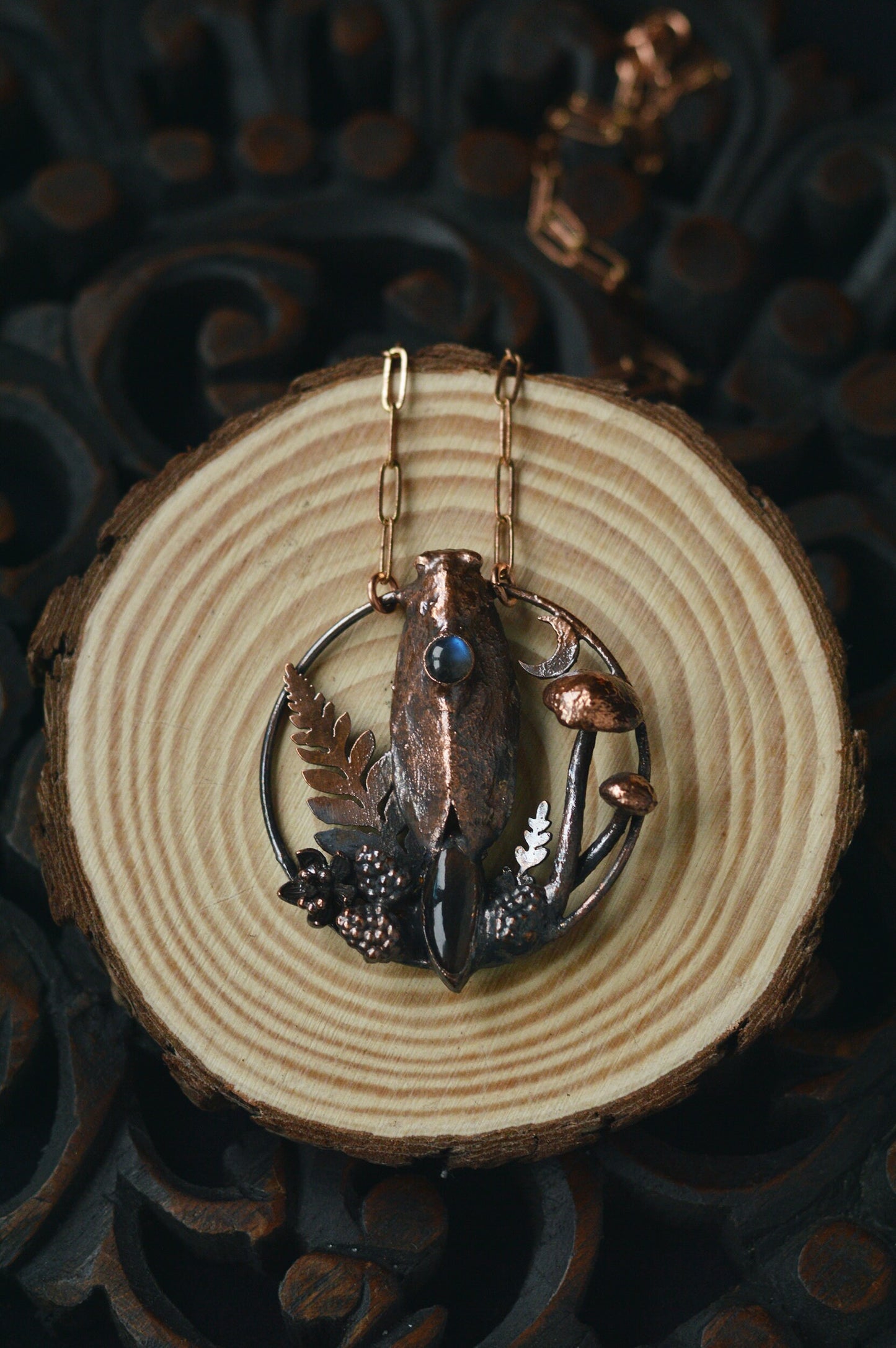 Harvest.3 collection - Real cicada pendant with mushrooms, labradorite and sunstone
