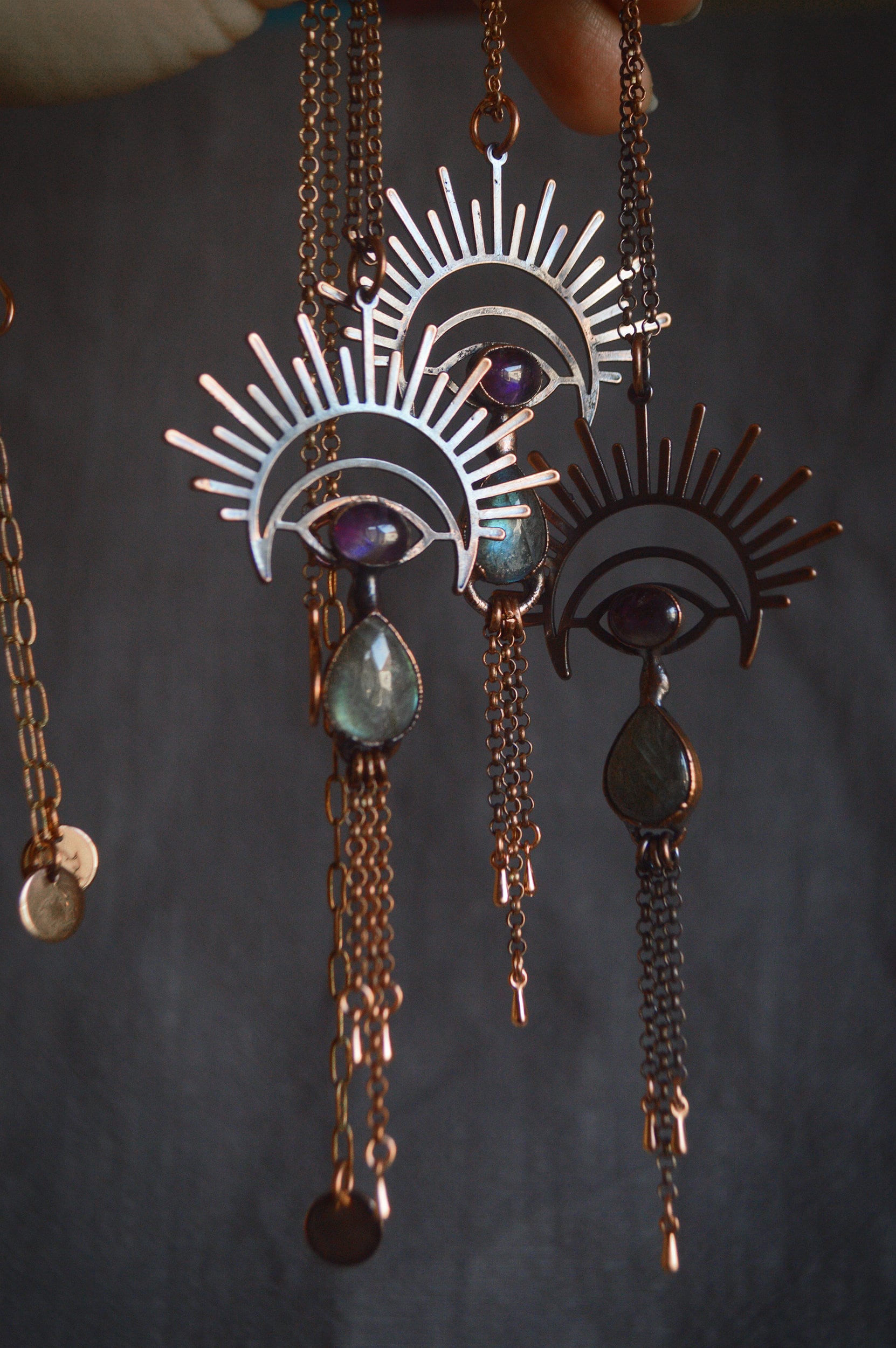 Copper eye pendant with labradorite and amethyst. Fringe tassel jewellery, boho style