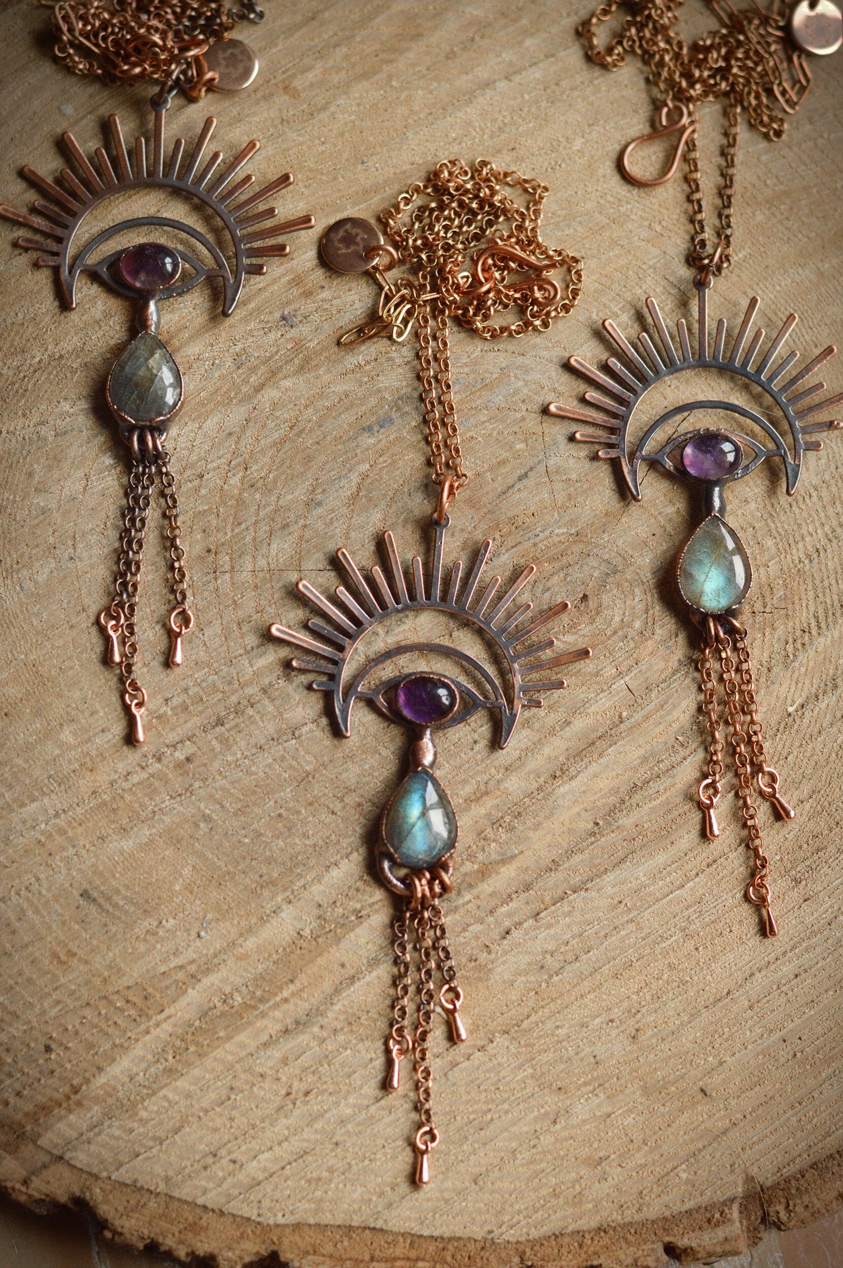 Copper eye pendant with labradorite and amethyst. Fringe tassel jewellery, boho style