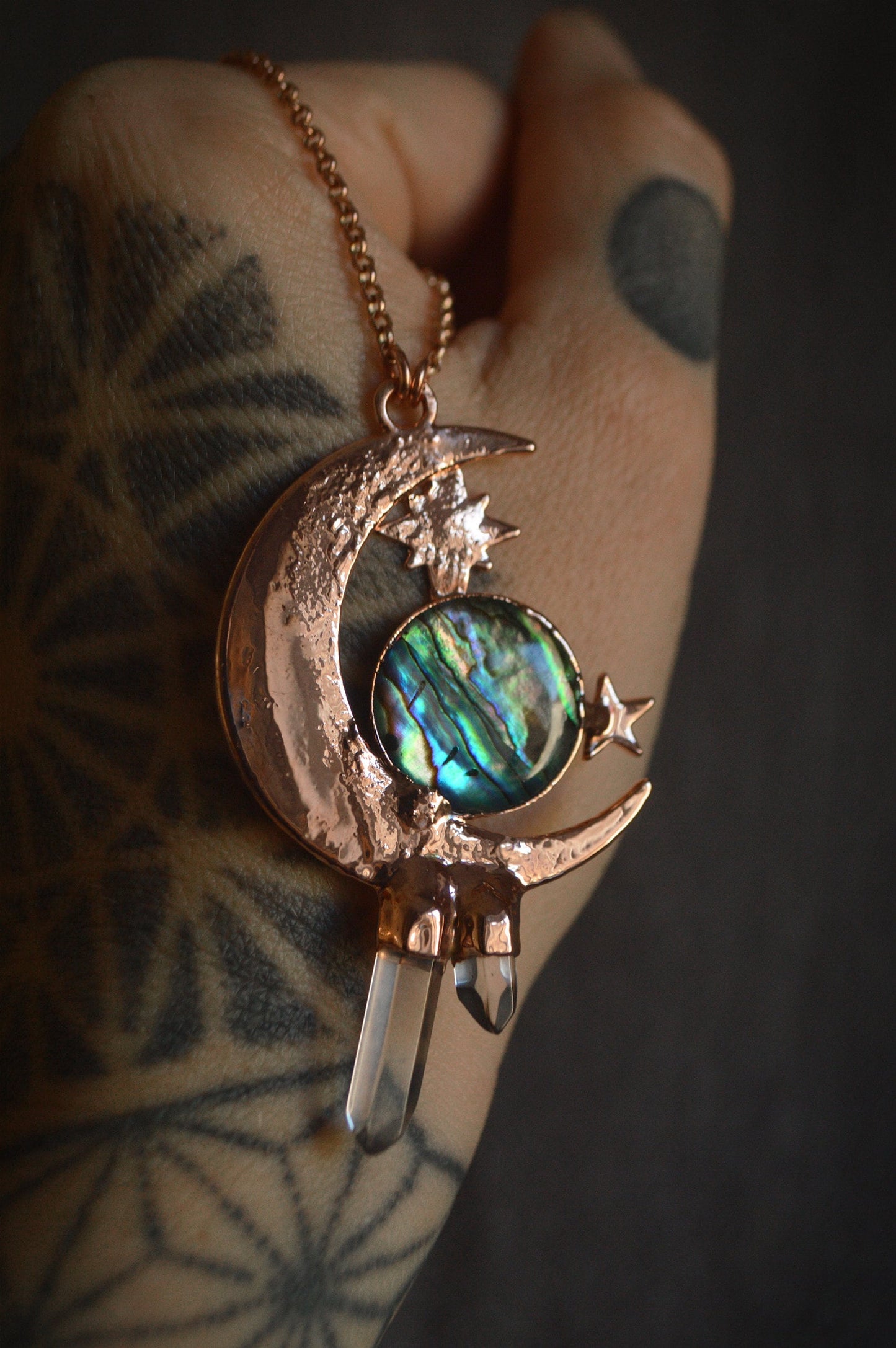 Moon and star necklace with abalone and quartz points. Celestial electroformed necklace, gift for her