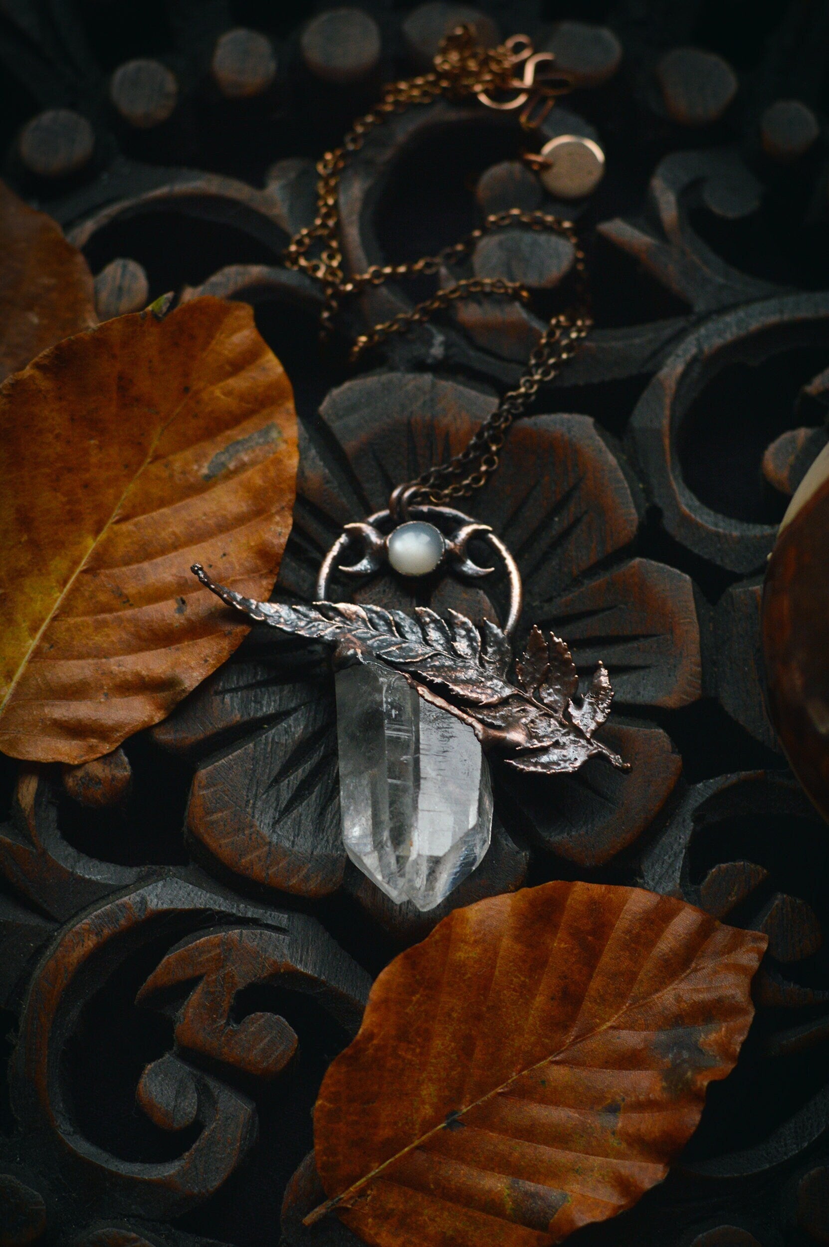 Harvest.3 collection - Real fern leaf necklace with raw quartz and moonstone, triple moon botanical pendant