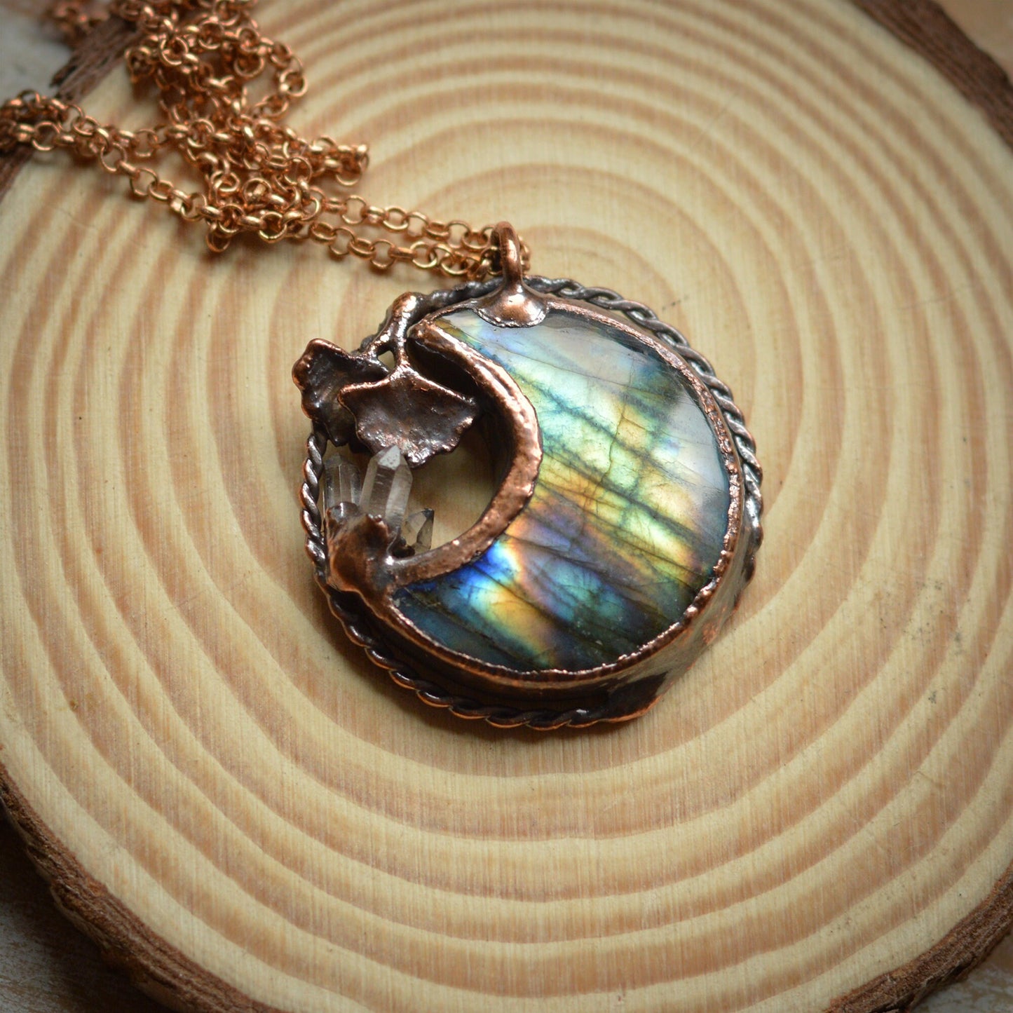 Harvest.3 collection - Rainbow labradorite moon and quartz point pendant with gingko leaves