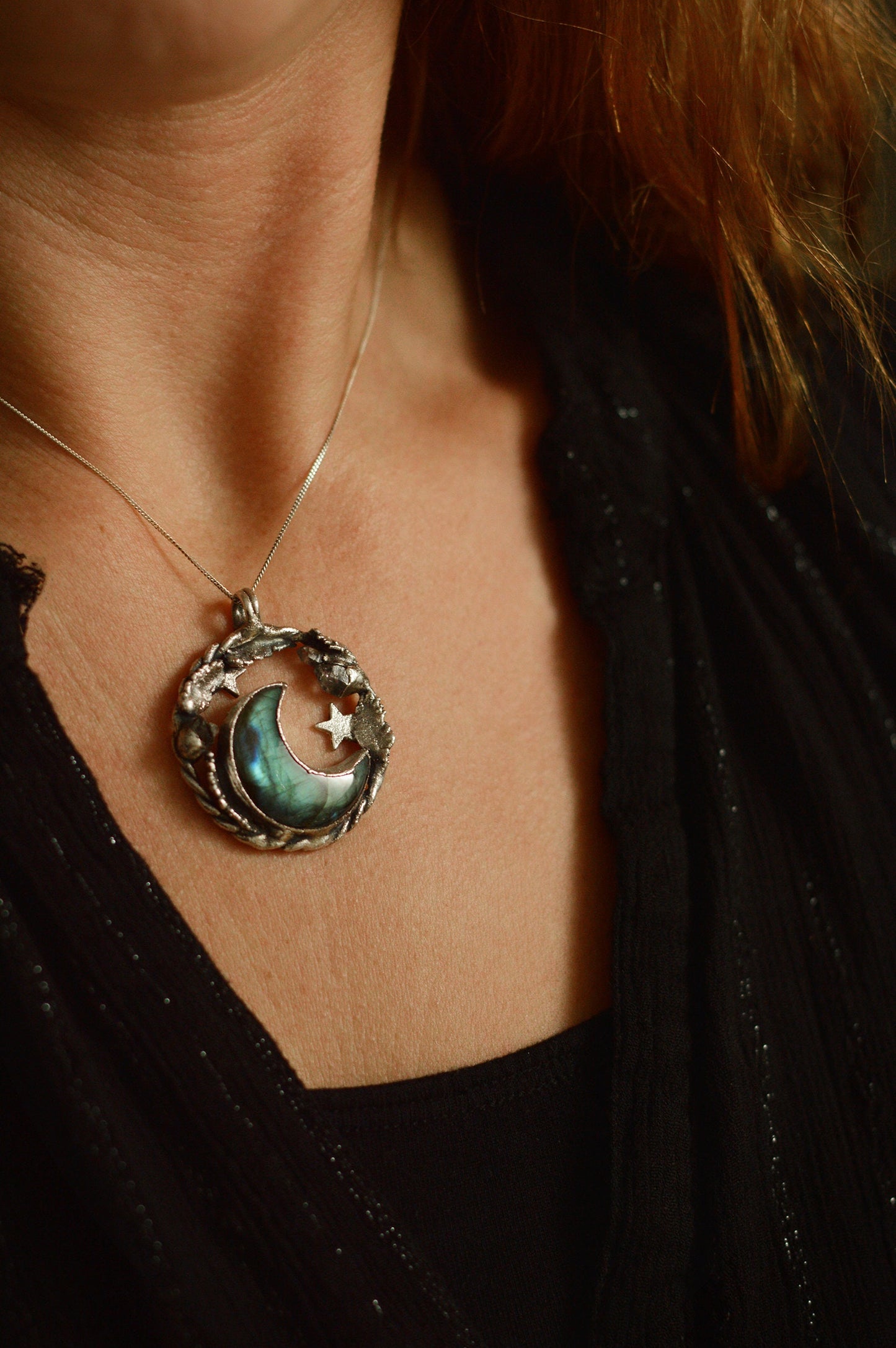 Harvest.3 collection - 'Sunset' labradorite pendant with botanical elements, enchanted woodland necklace