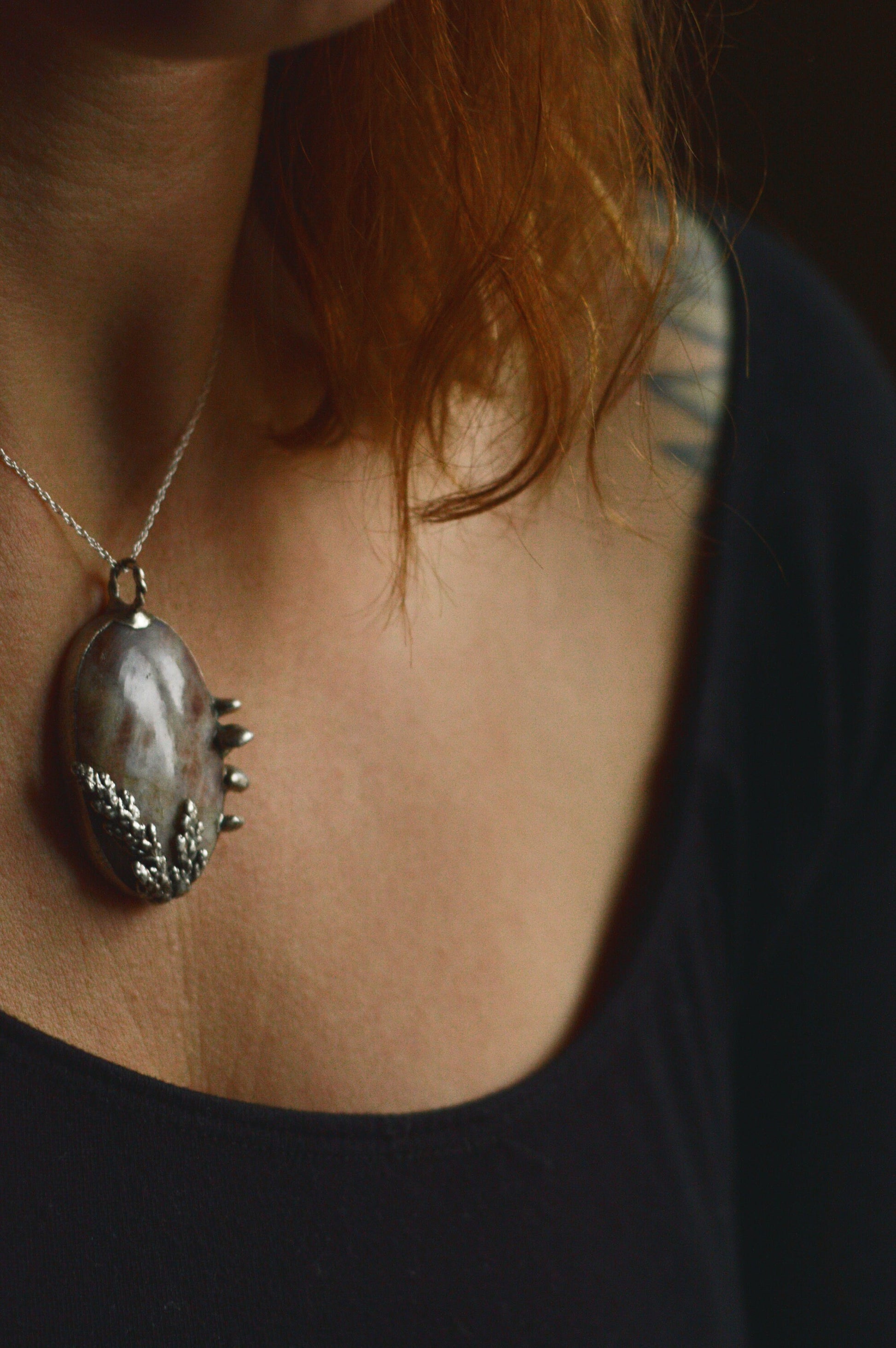 Harvest.3 collection - Rare moonstone/sunstone pendant with botanical elements, enchanted woodland necklace
