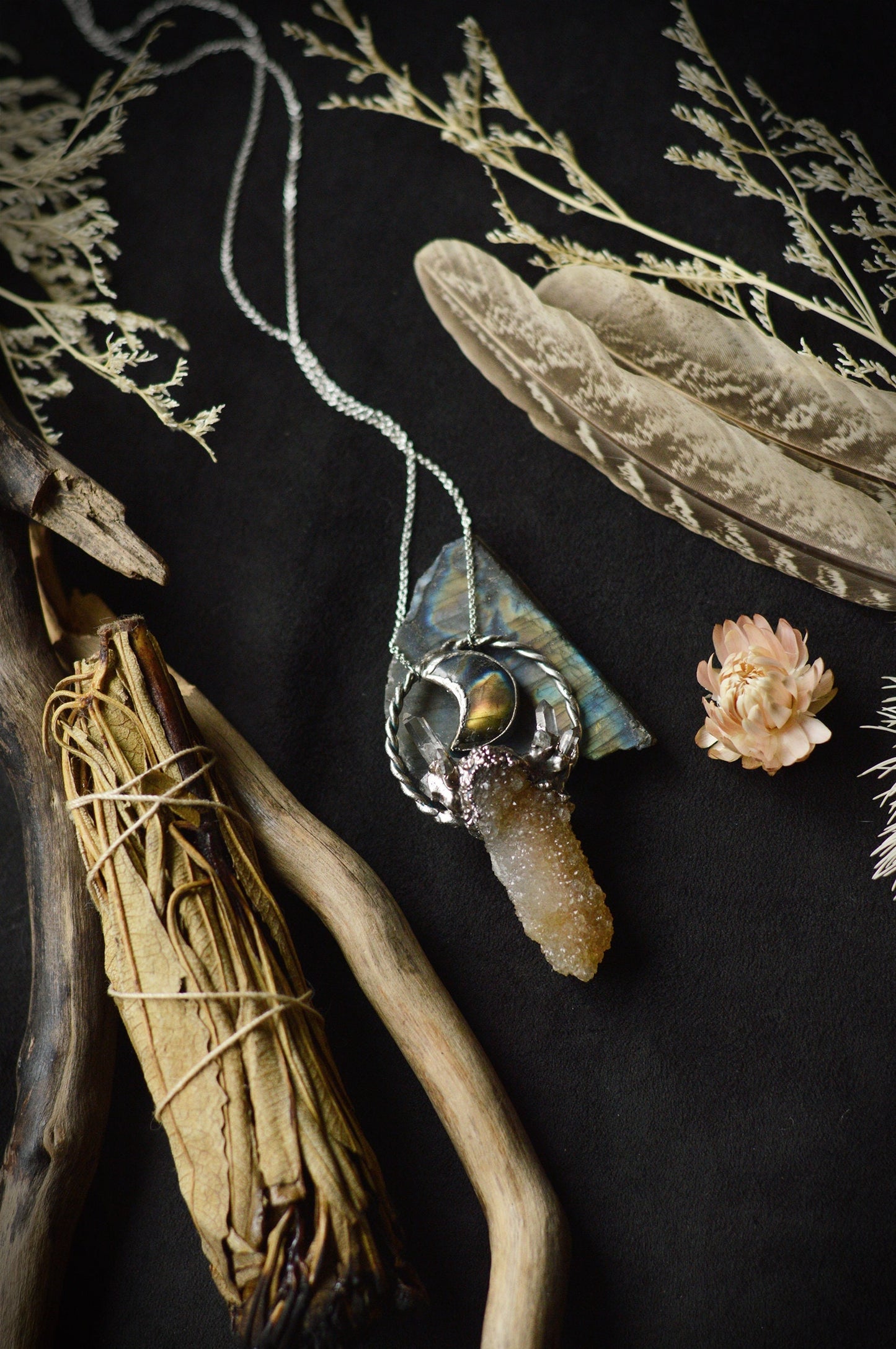 Harvest.3 collection - Fairy quartz tower and labradorite moon pendant with quartz points, enchanted woodland necklace