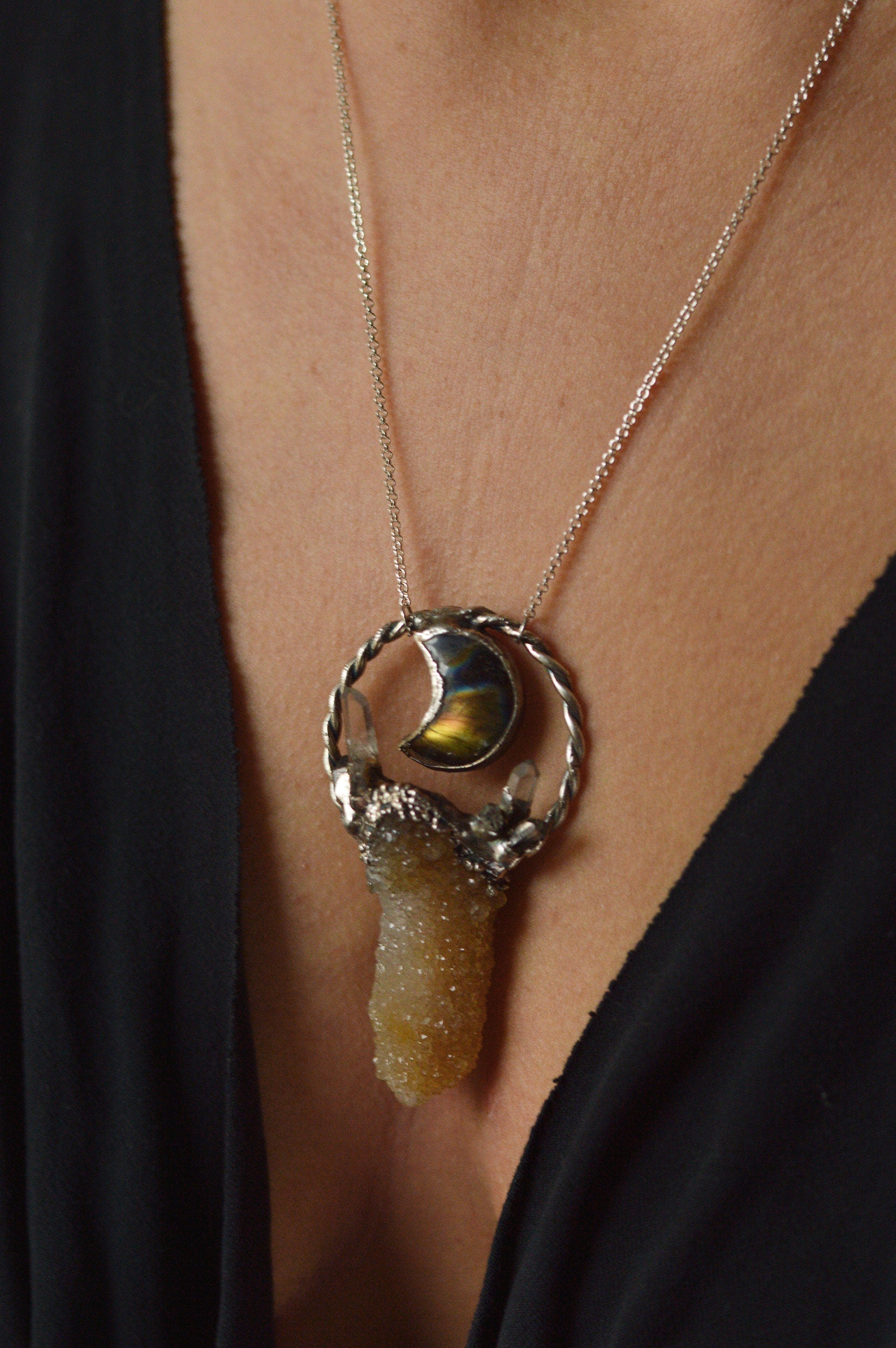 Harvest.3 collection - Fairy quartz tower and labradorite moon pendant with quartz points, enchanted woodland necklace