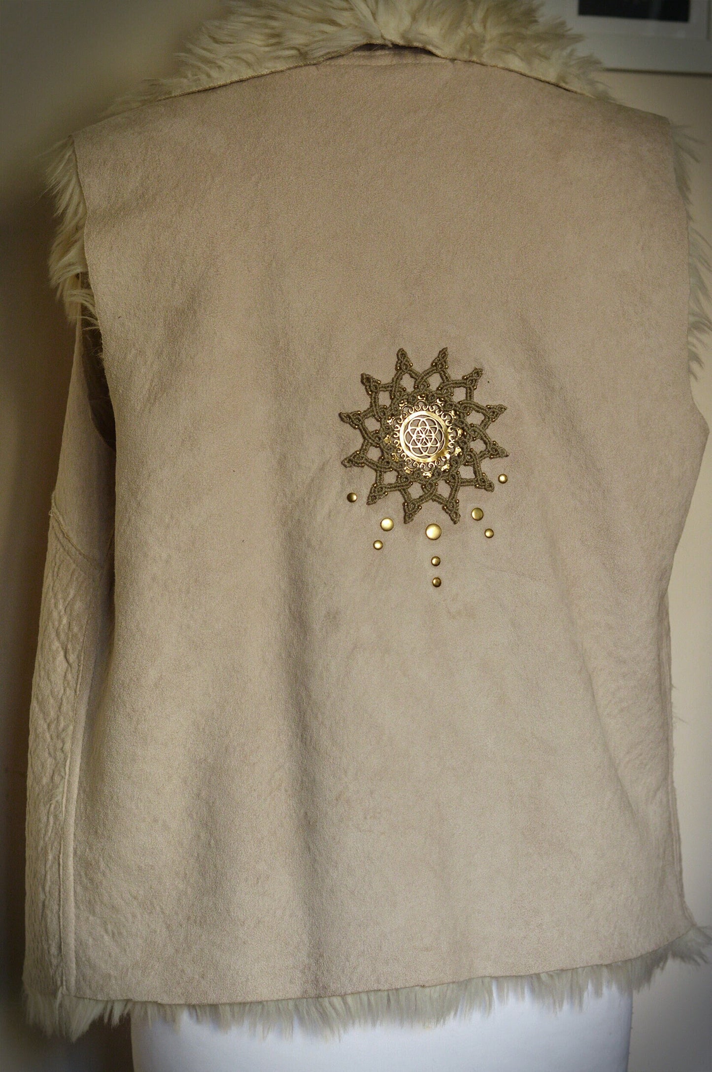 Beige faux fur waistcoat. Seed of life macramé applique. Sacred geometry festival clothing