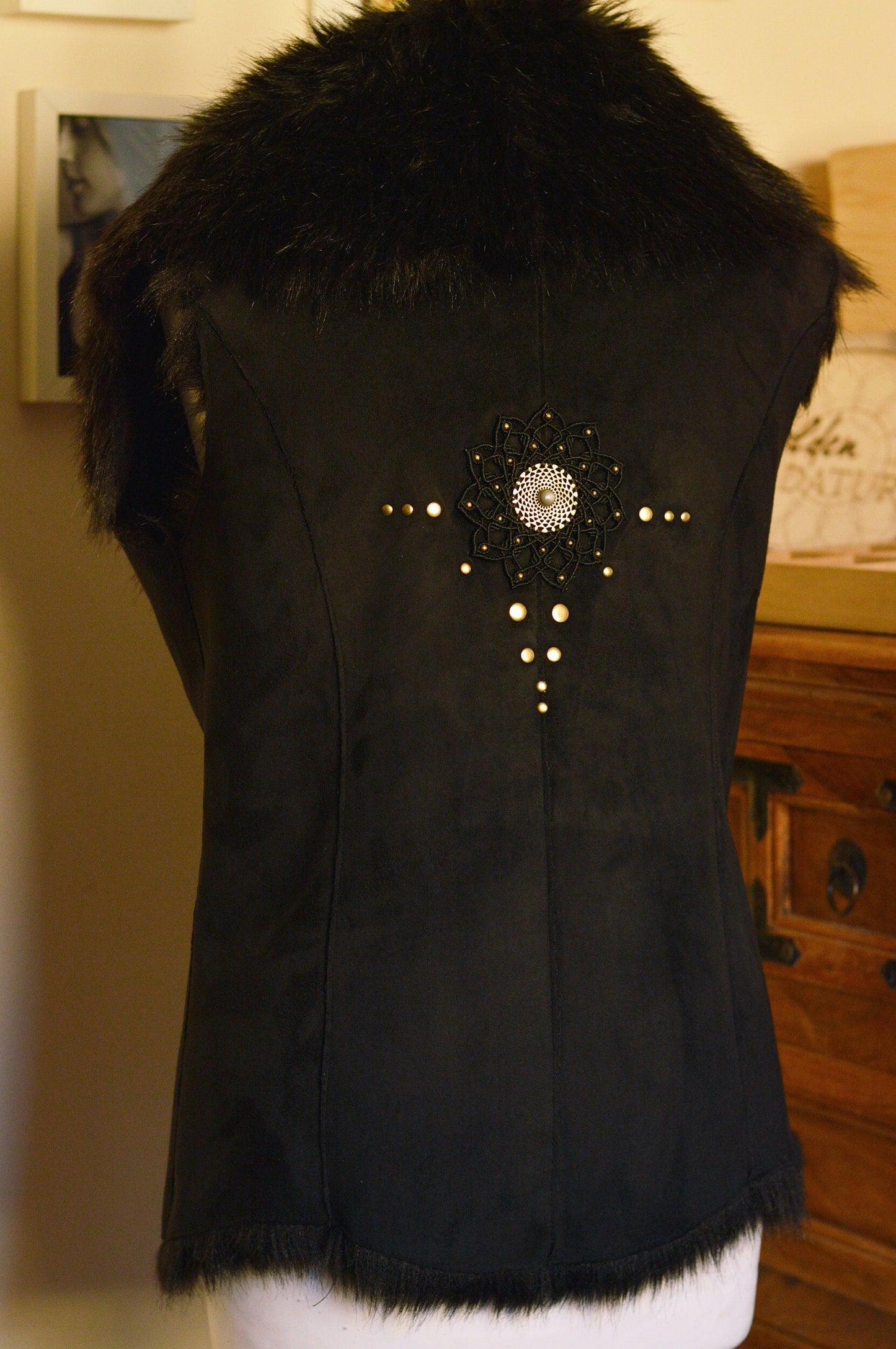 Reversible black faux fur waistcoat. Macramé applique and studs. Sacred geometry festival clothing
