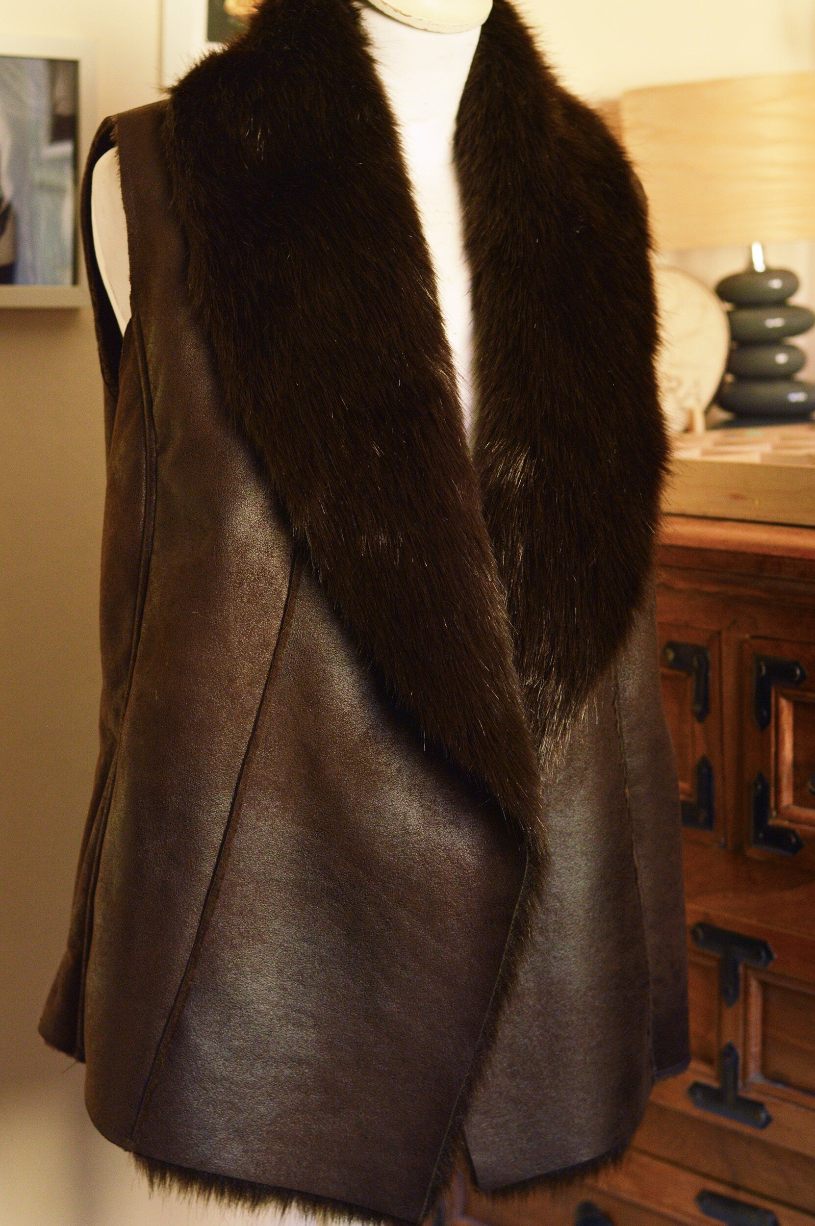Dark brown faux fur waistcoat. Flower of life macramé applique. Sacred geometry festival clothing