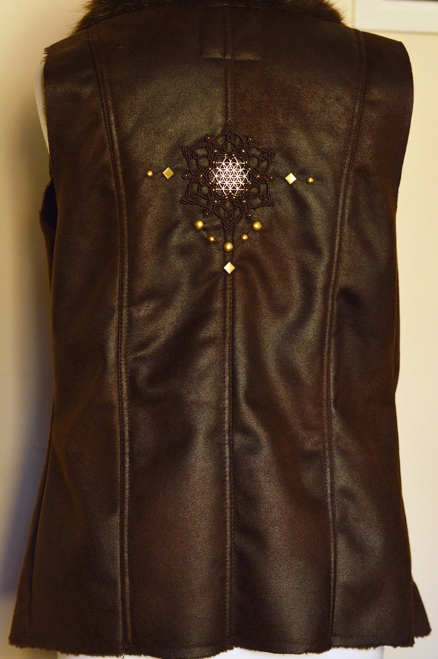 Eco leather dark brown waistcoat with macrame applique and studs