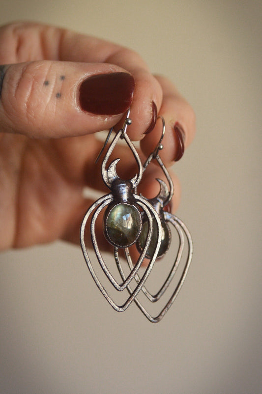 Labradorite potion bottle dangling earrings. Gunmetal black jewellery