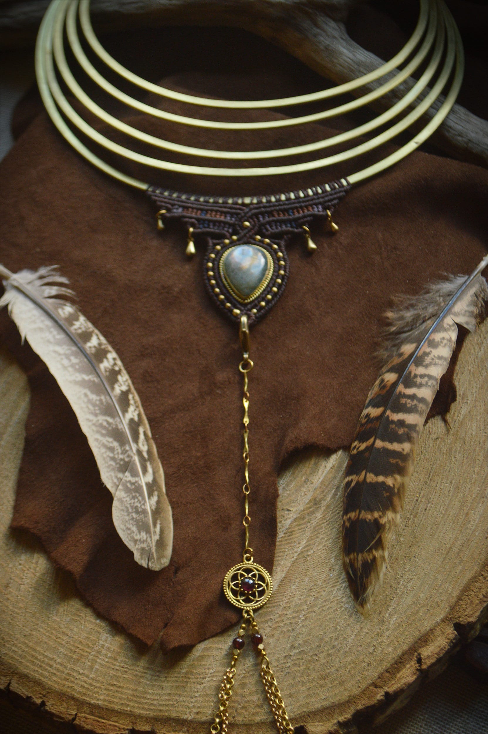 Statement macrame brass collar with removable body chain, with labradorite and garnet. Tribal fusion belly dance