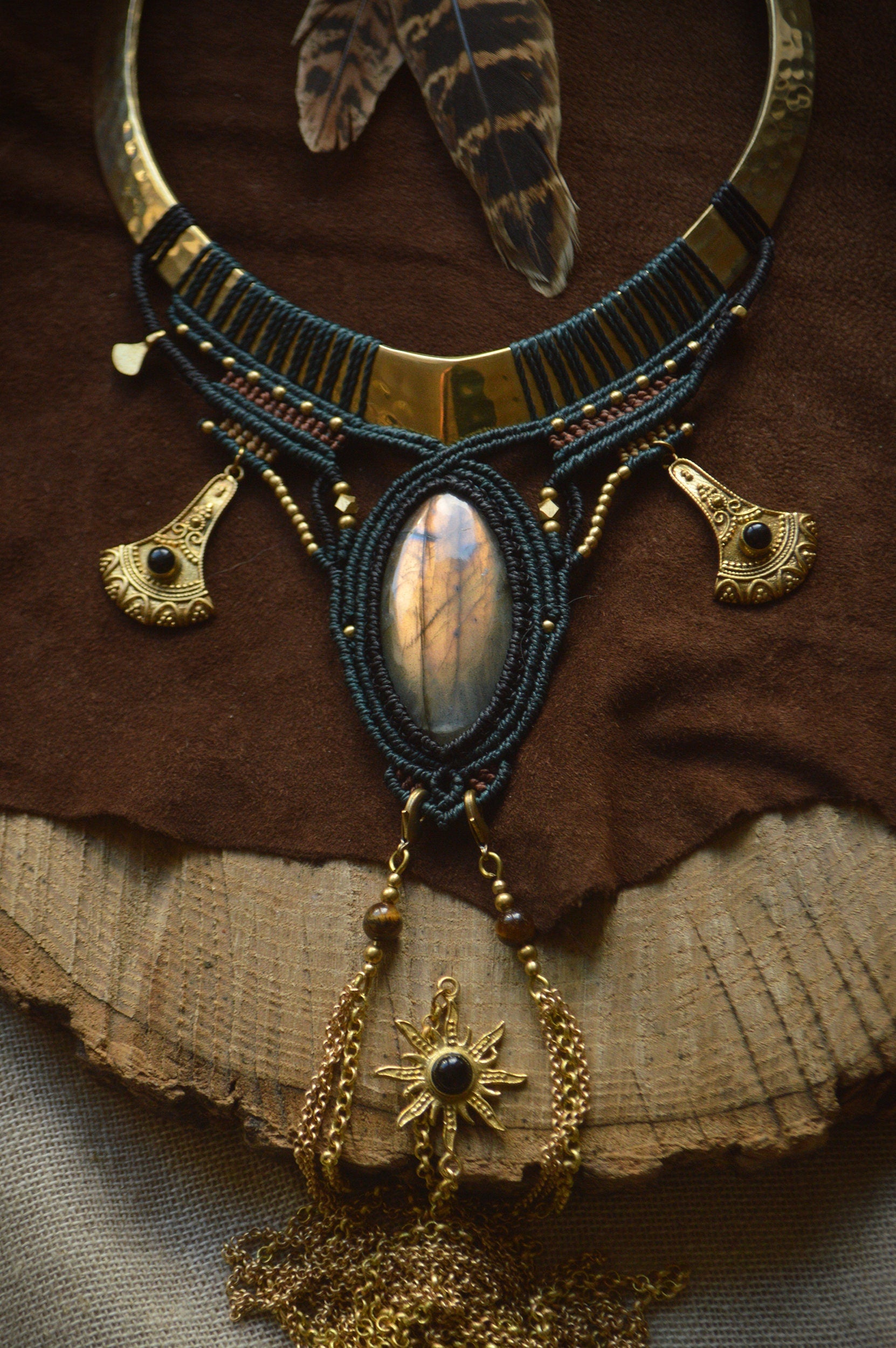 Tribal goddess statement collar necklace with labradorite and black onyx. Boho, tribal, body jewellery