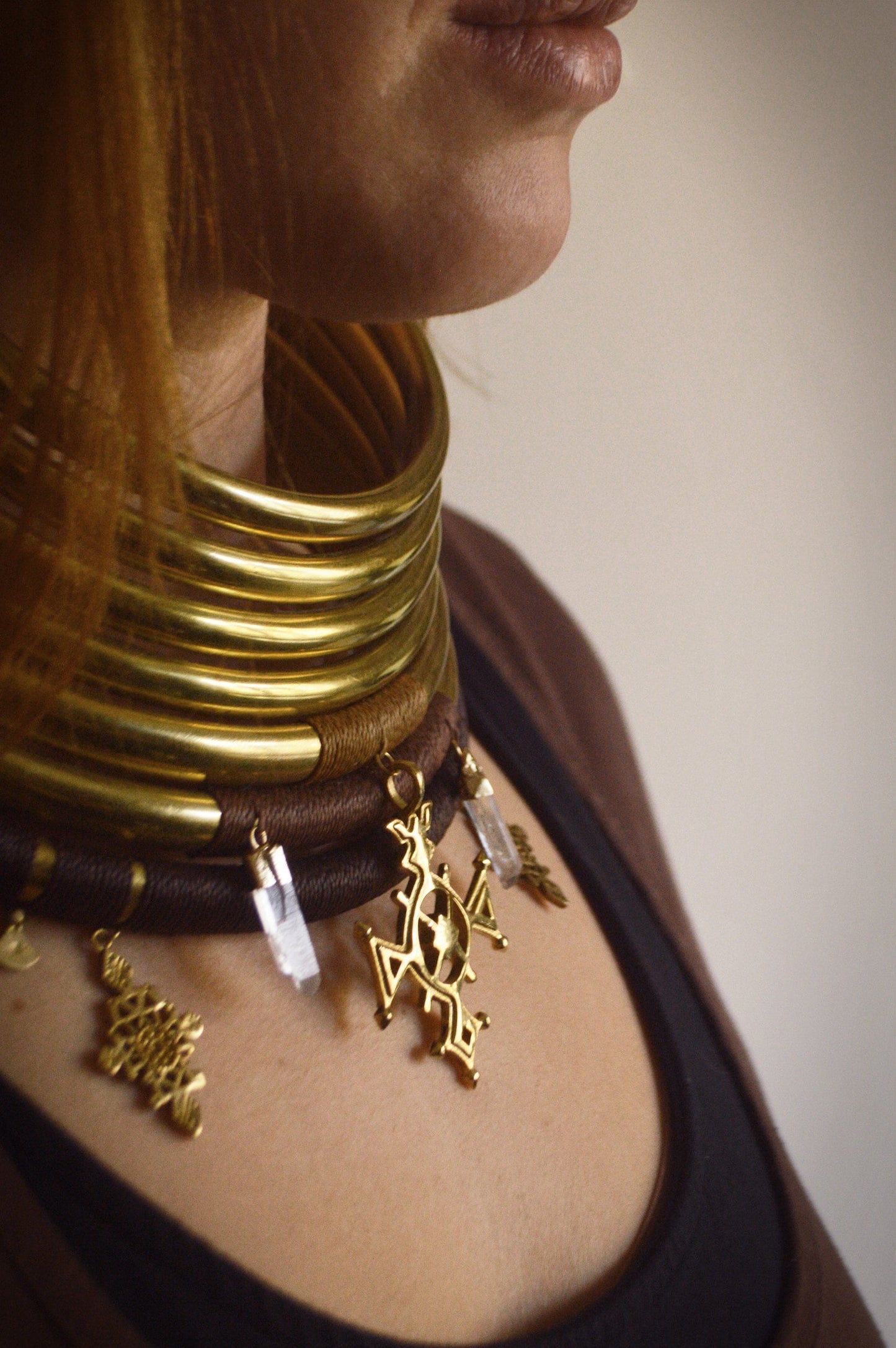 Tribal goddess, giraffe macrame collar with body harness, quartz points and berber charms