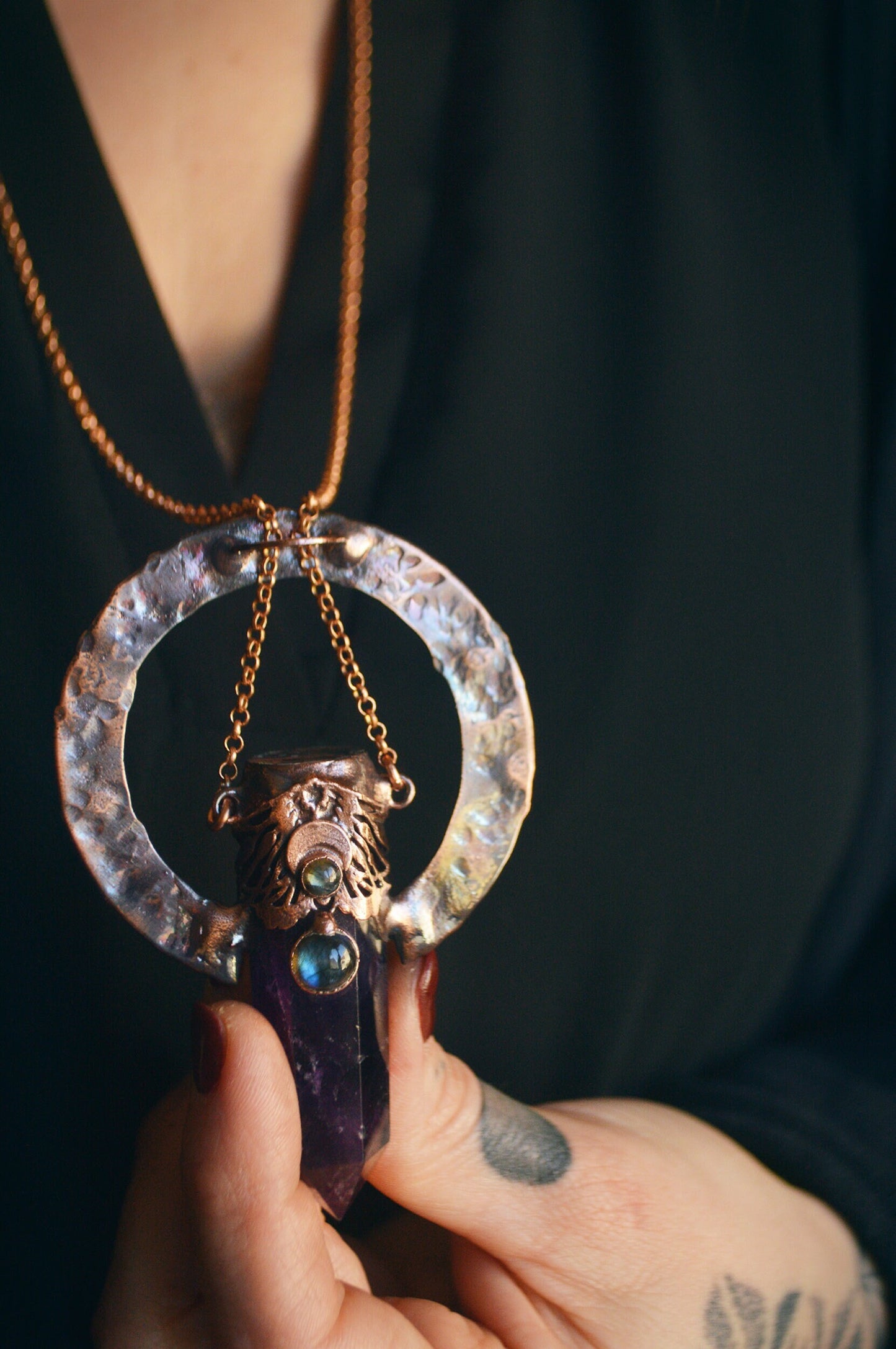 DUALITY amulet collection - RISE - Amethyst point with labradorite and abalone, statement pendant