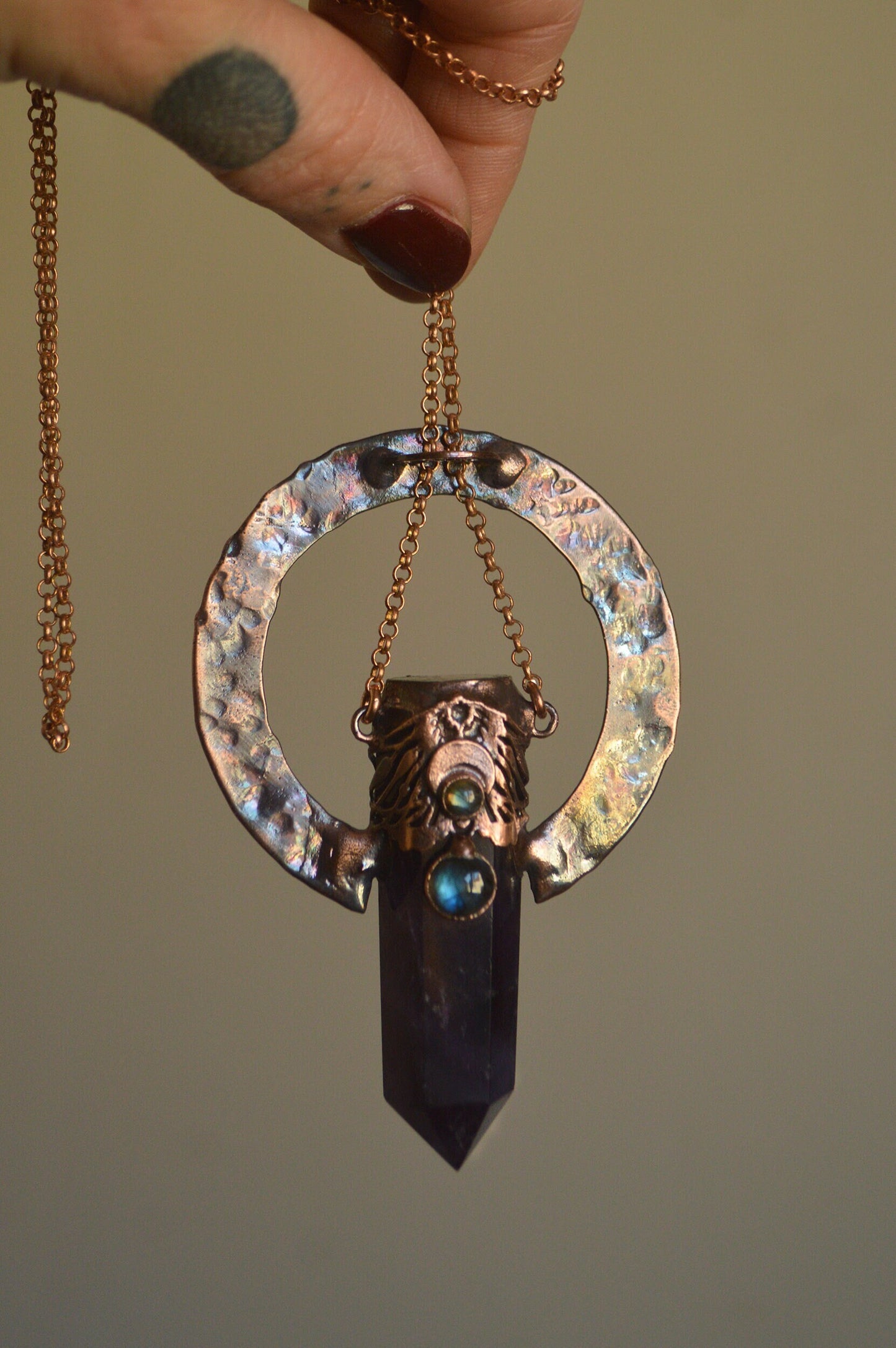 DUALITY amulet collection - RISE - Amethyst point with labradorite and abalone, statement pendant